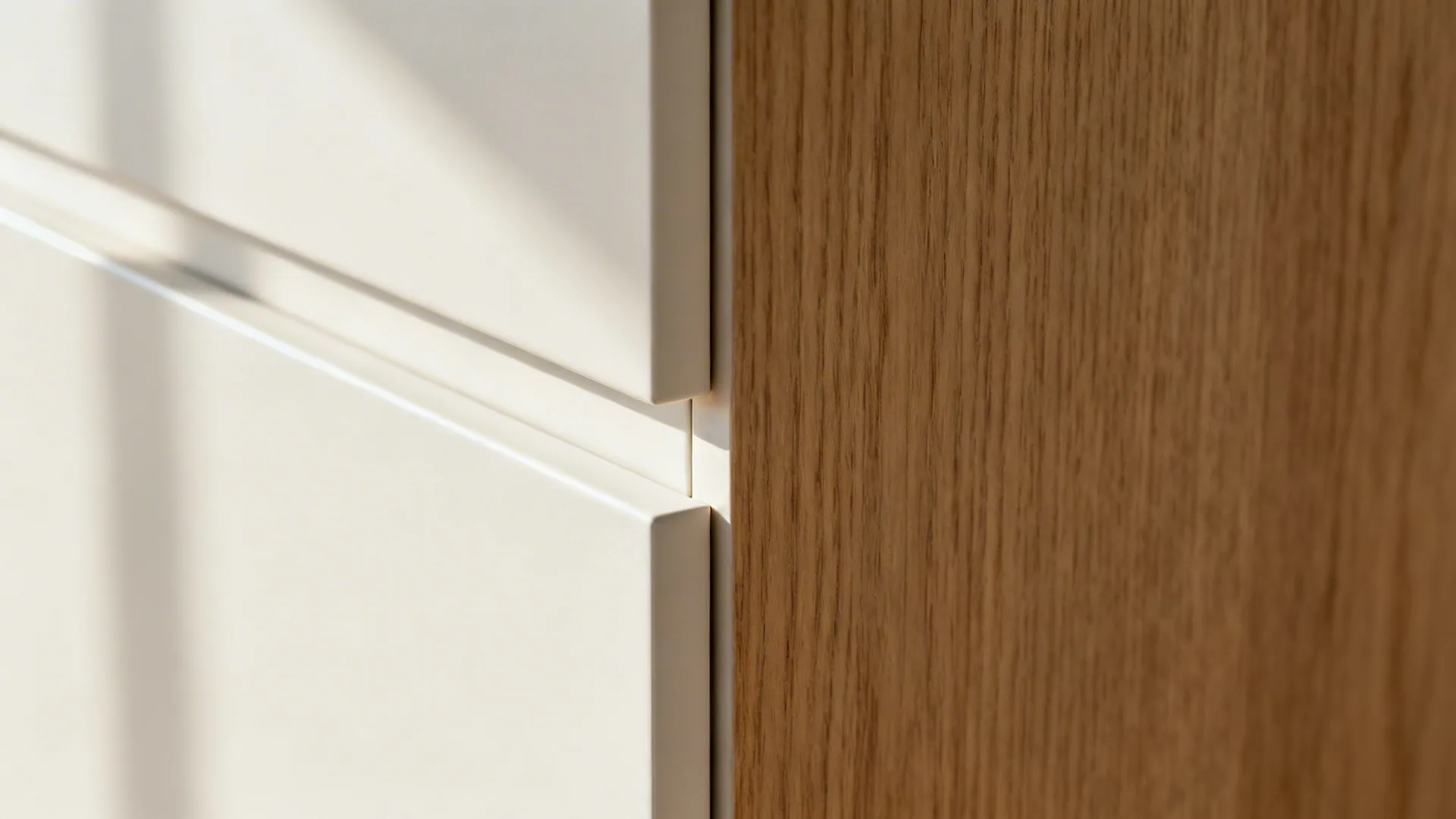 Macro detail of tight cabinet door reveal and edge-banding in matte finish