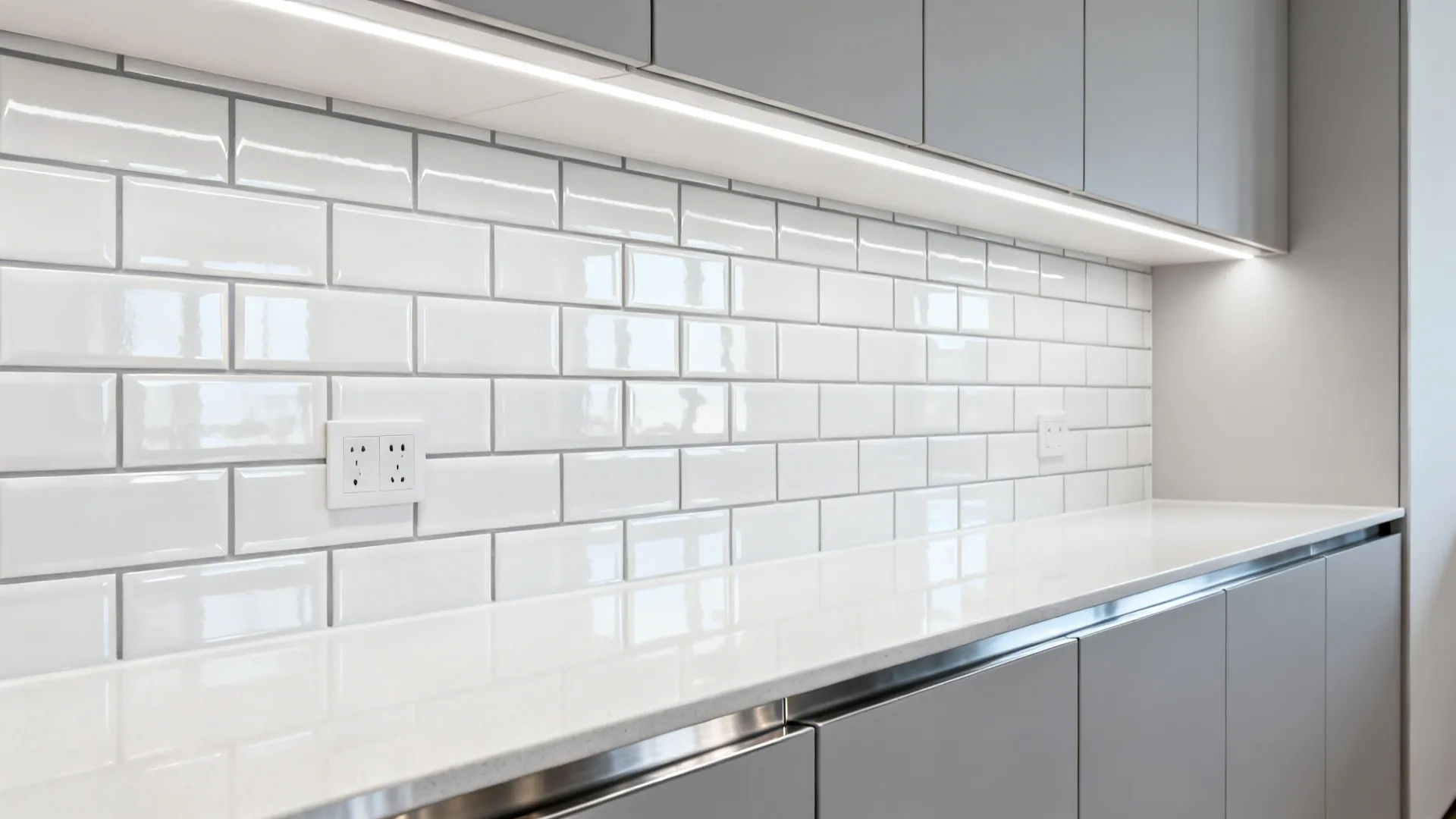 High-gloss white subway tiles with tight grout lines in a narrow kitchen.