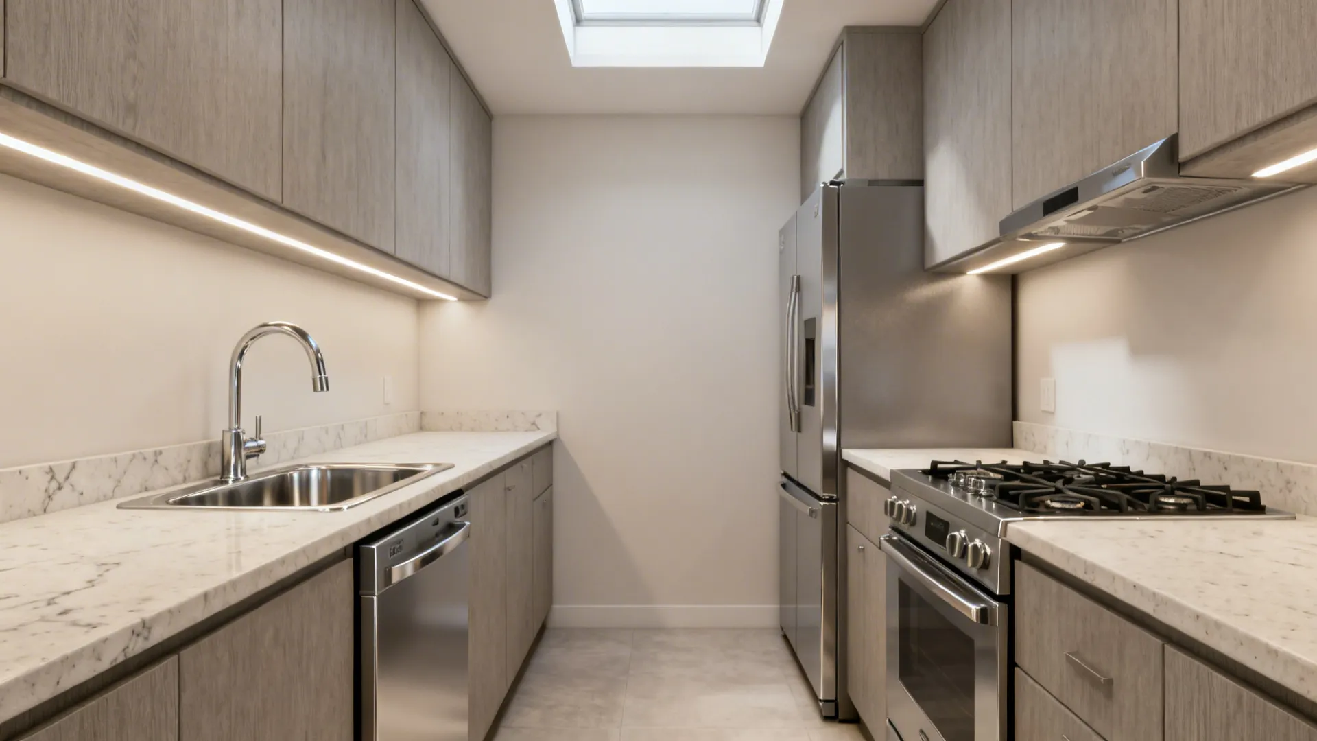 Modern narrow kitchen with grey cabinets white marble counters stainless steel fridge and gas oven