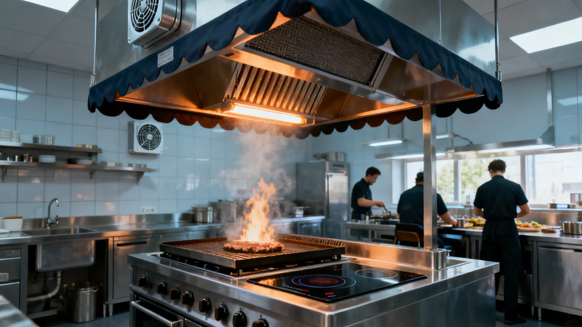 Compact hot line under a Type I hood with side skirts and clean baffle filters, air clear and controlled.