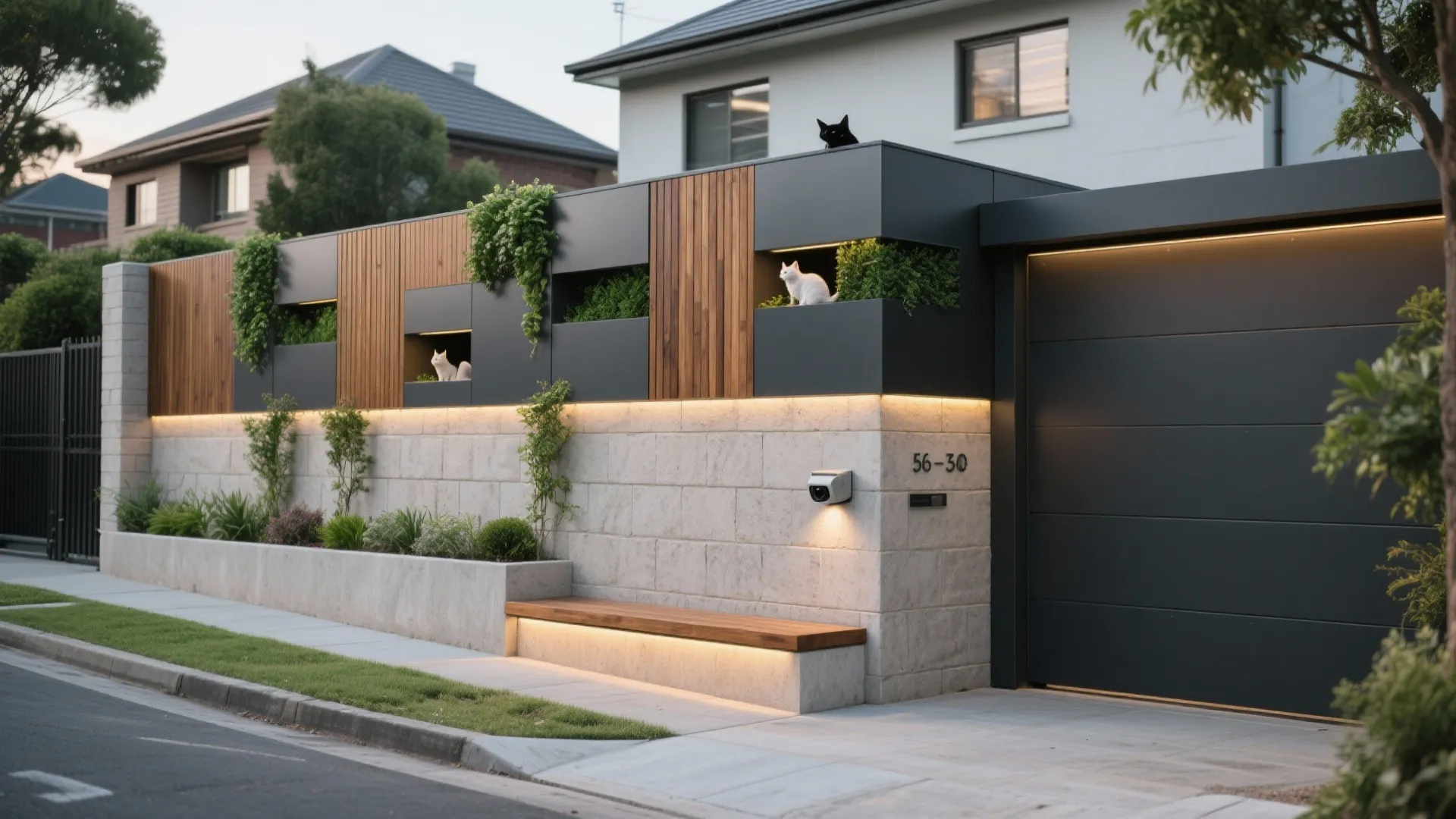 Modern house fence with black panels, wooden details, plants, and a wooden bench with warm lights
