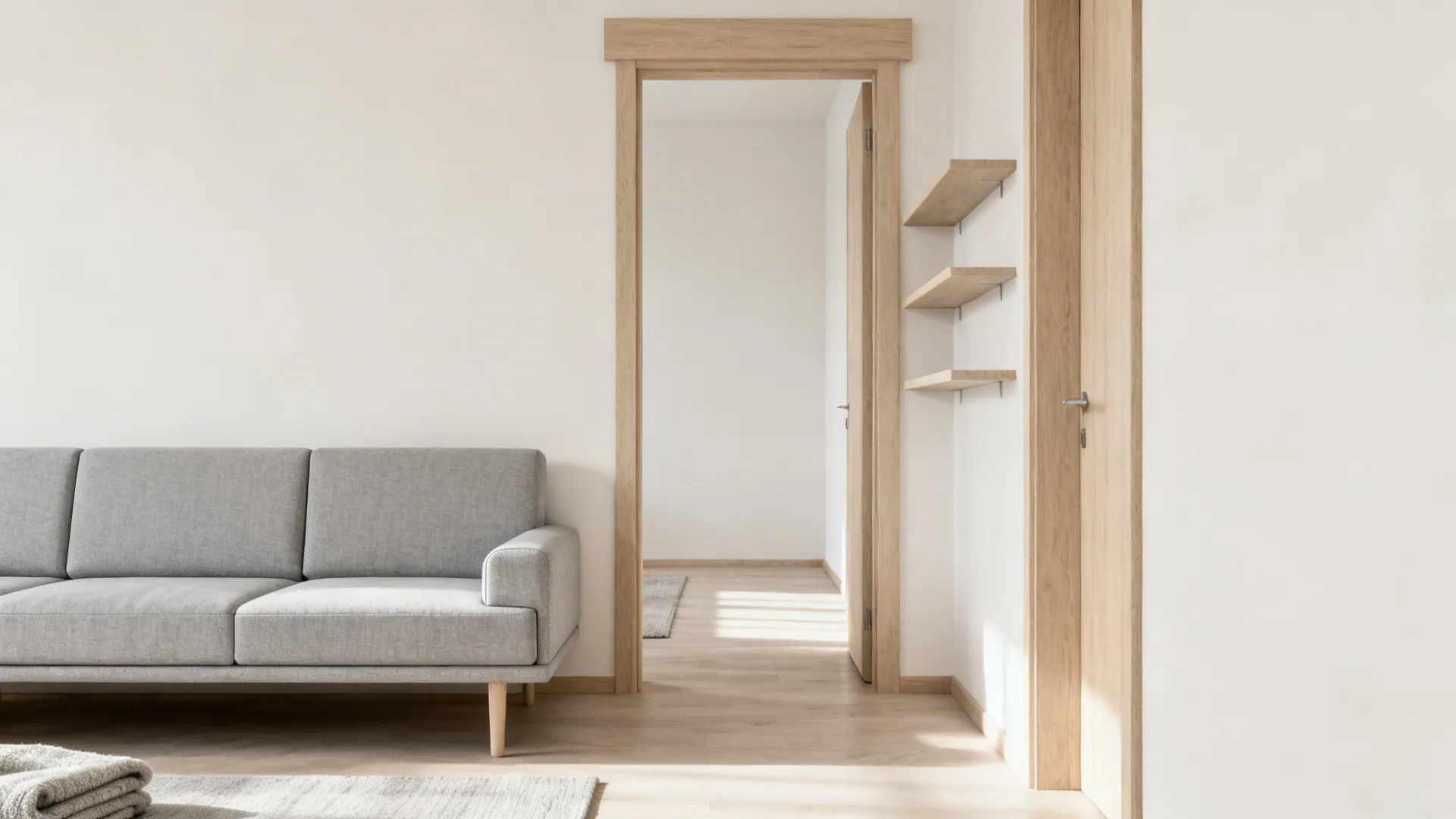Shallow tight-back sofa with aligned wall-mounted shelves freeing floor space in a small living room.