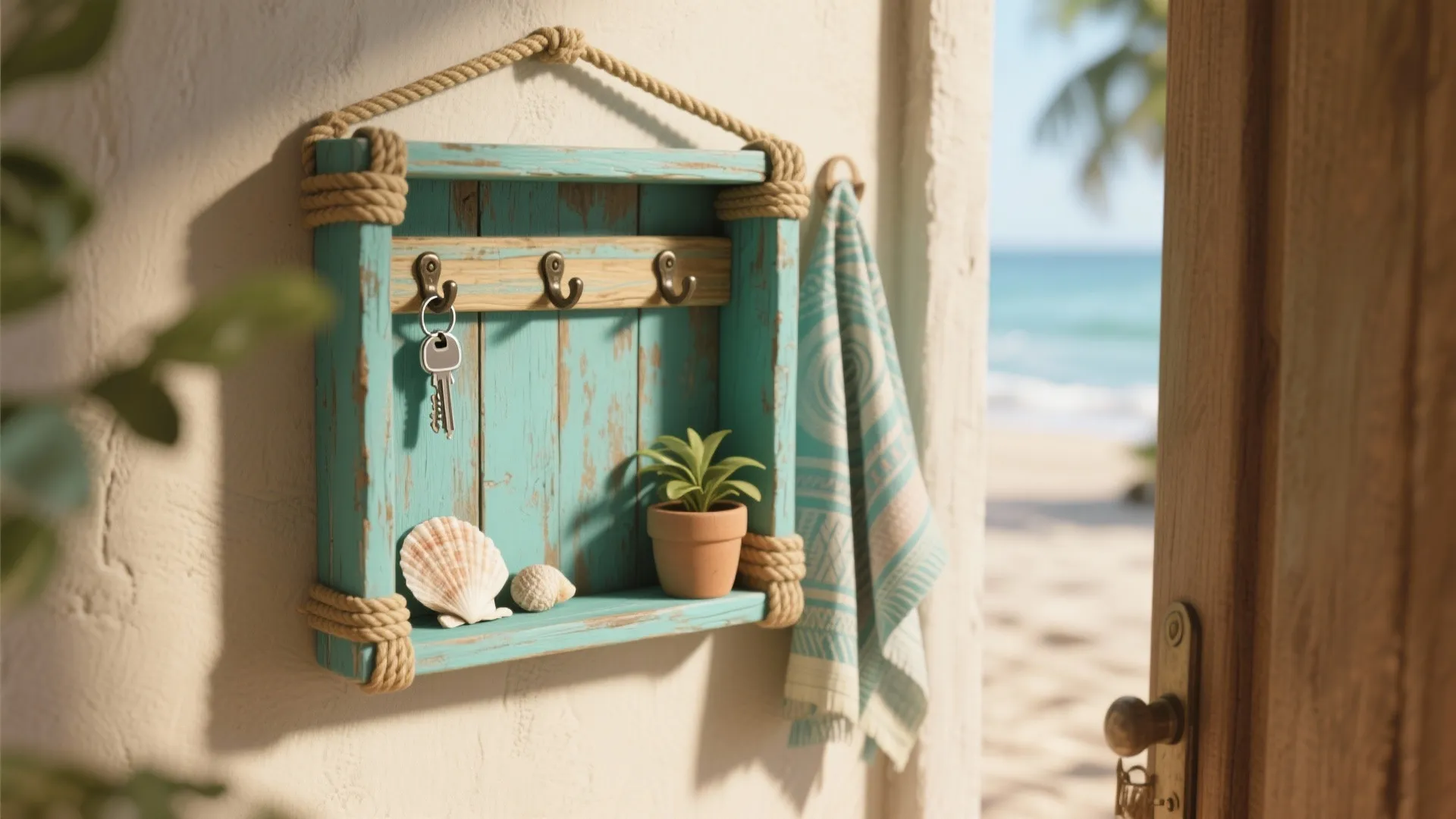 Mini tiki shelf painted faded teal with rope trim and hooks holding keys and a sarong in a compact entry nook.