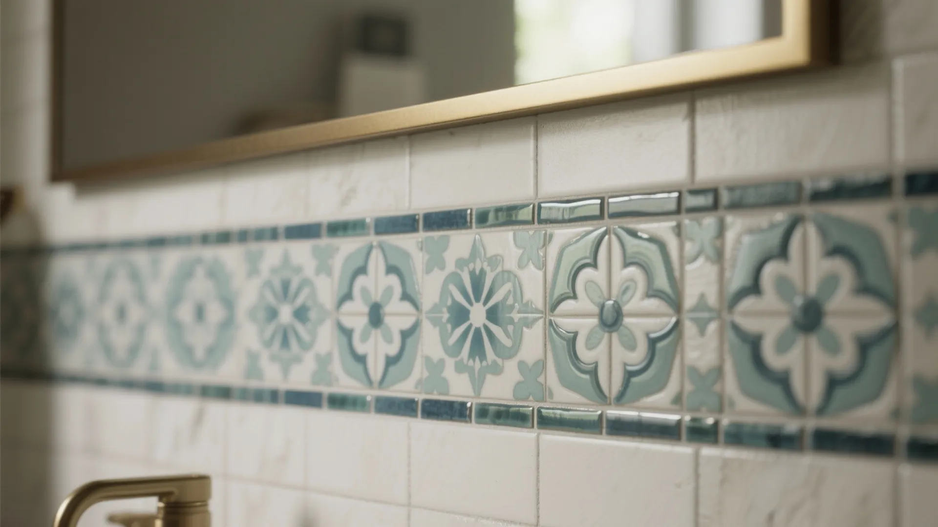 Close-up of a patterned porcelain tile accent strip with neat grout and muted blue-green motifs.