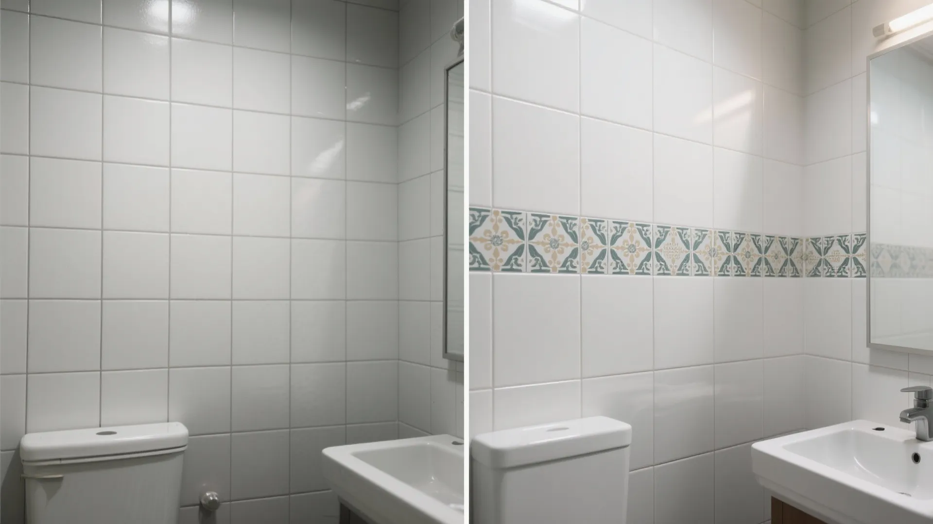 Before and after comparison of plain white bathroom wall tiles versus tiles with a decorative border
