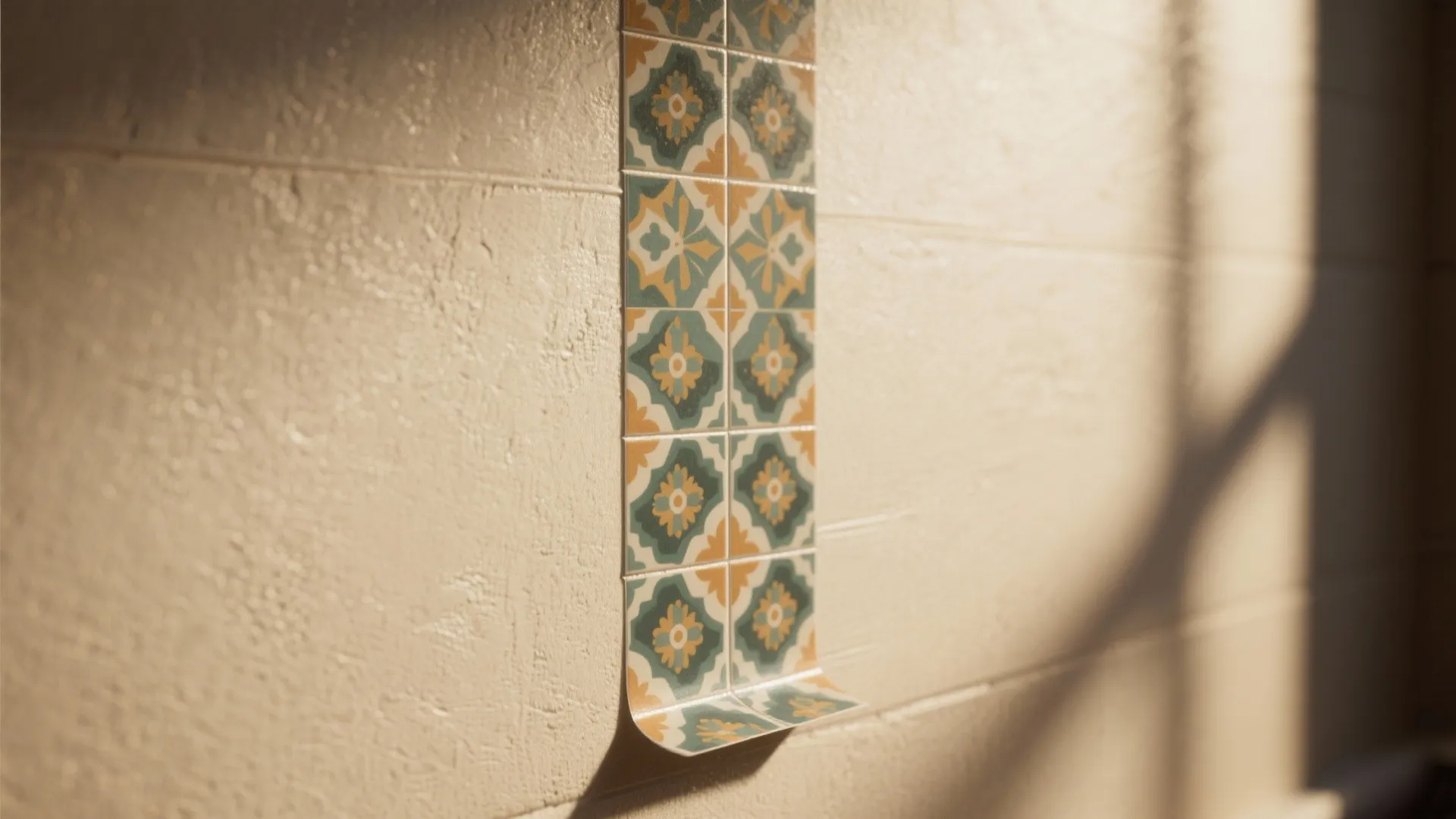 Close up of patterned green and yellow wall tiles on a textured beige plaster wall