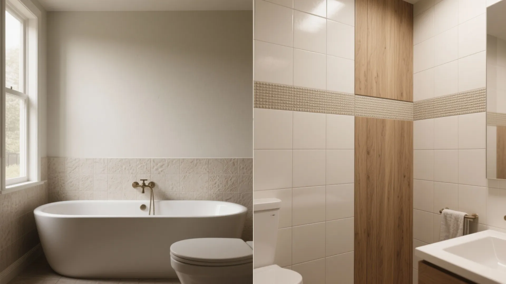 Before-and-after comparison of plain bathroom walls versus decorative cream tiles and wooden wall panel accents