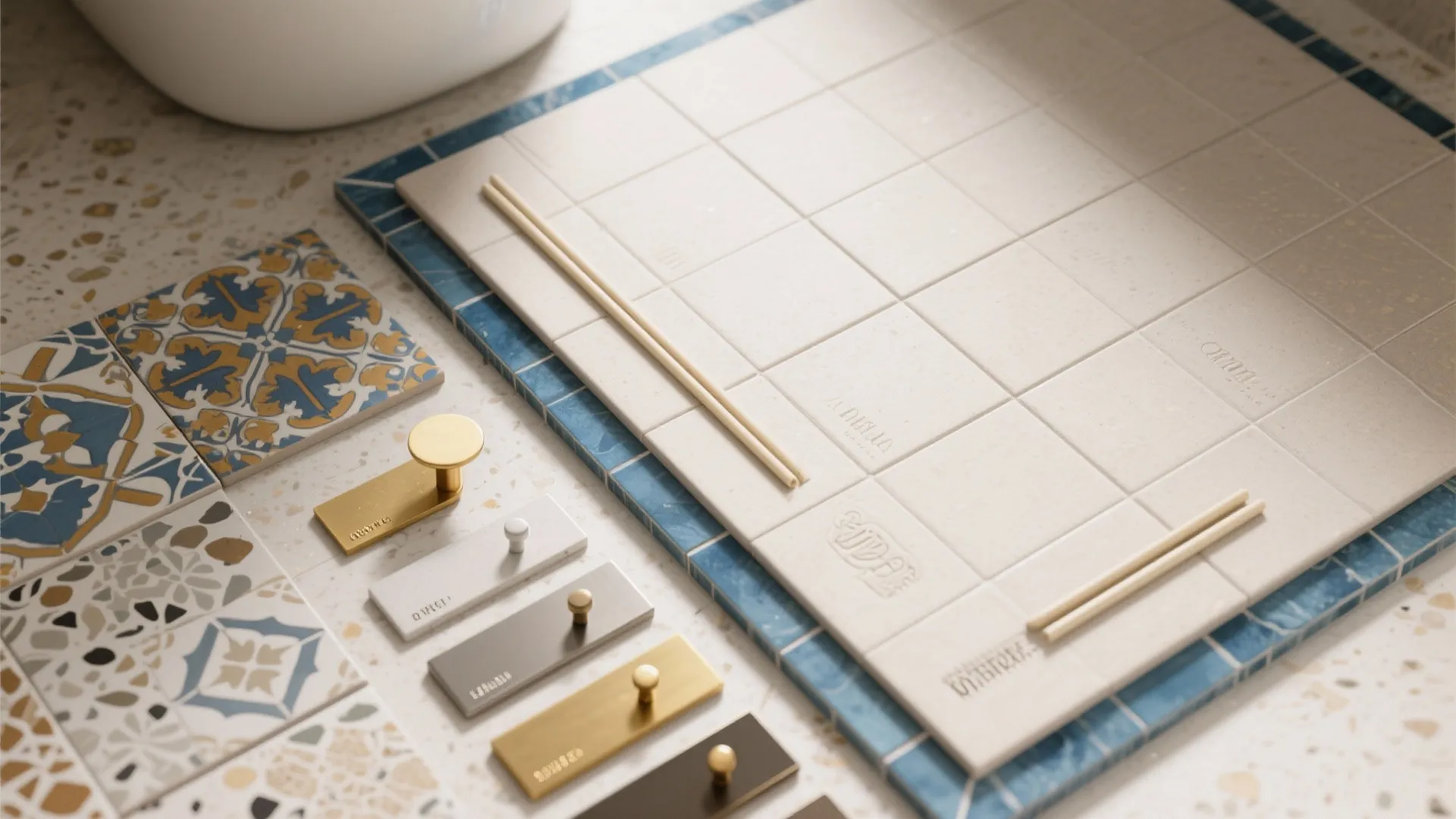 Selection of decorative wall tiles metal cabinet handles and sample design materials on a white table