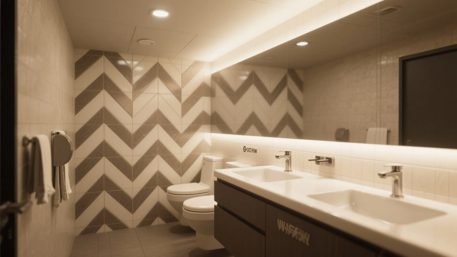 Bathroom featuring a zig zag pattern wall tile with two white sinks and large mirror