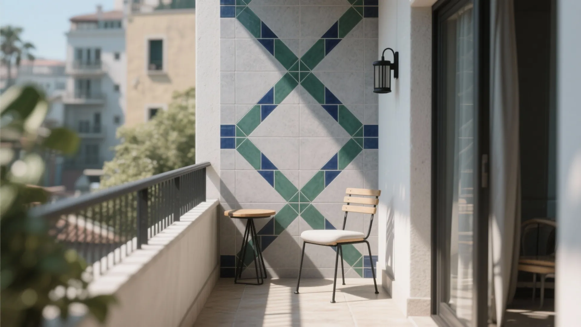 Outdoor balcony with patterned wall tiles small wooden table white chair and modern light fixture