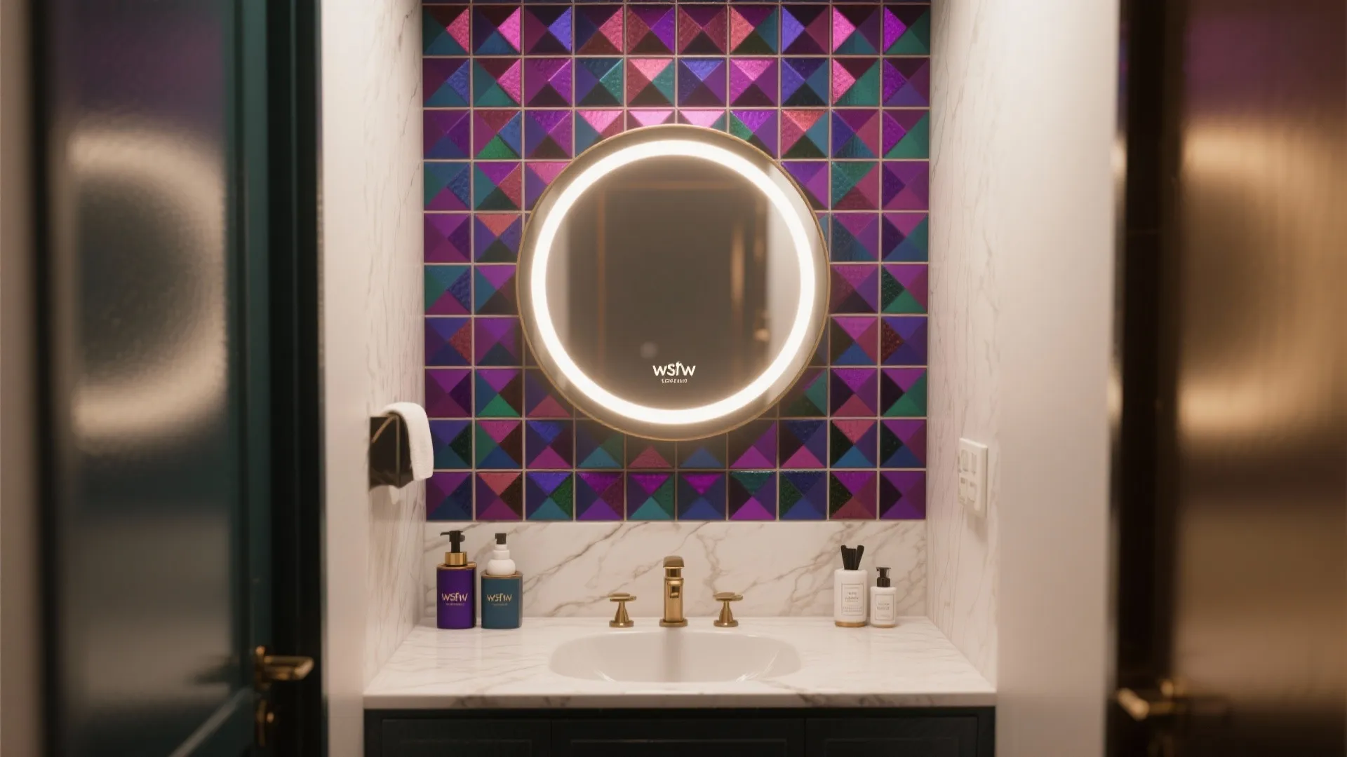 3. Bold tile accent wall for brand identity