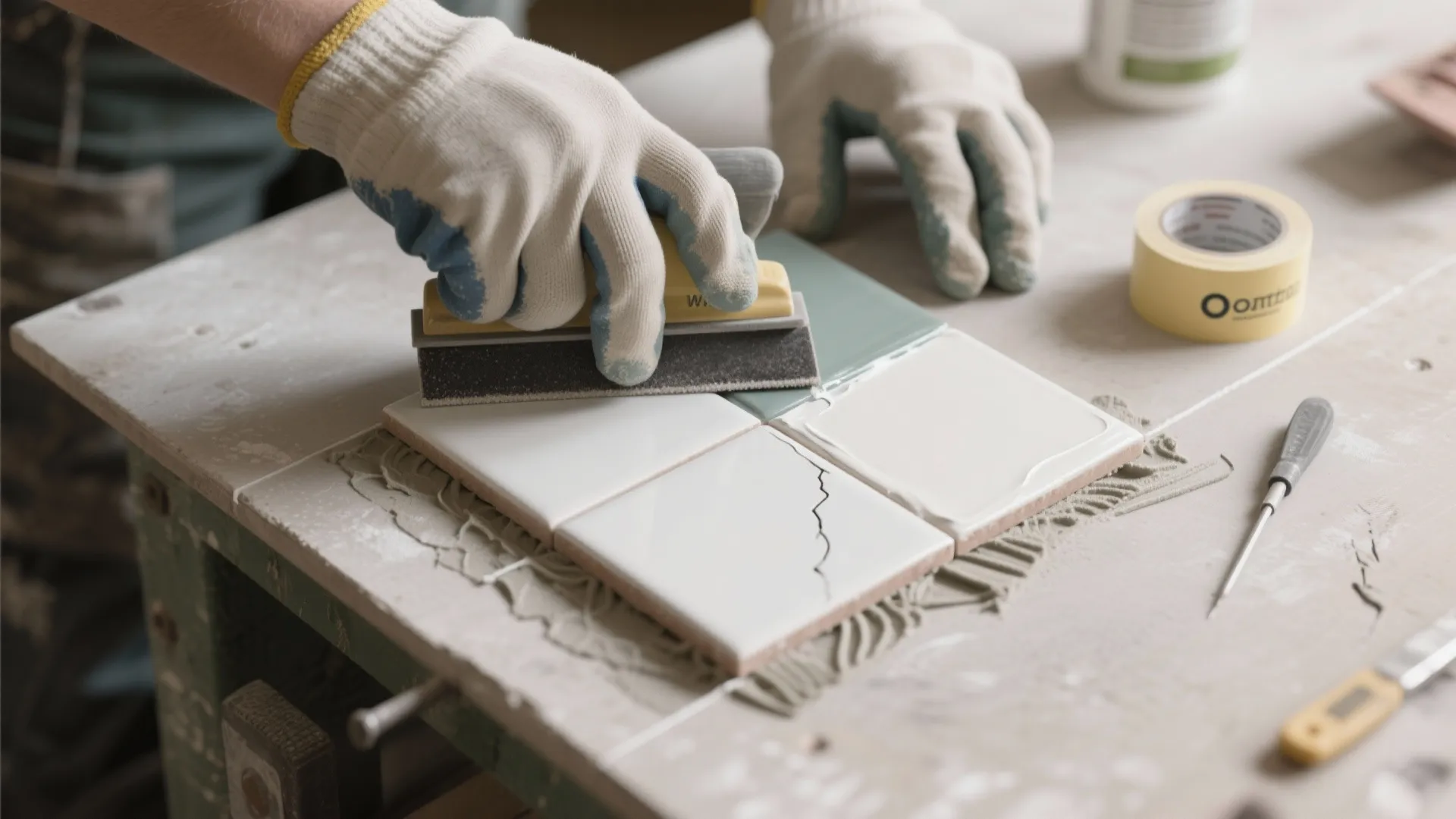 Worker in gloves applying adhesive to ceramic tiles on a workbench for interior design project