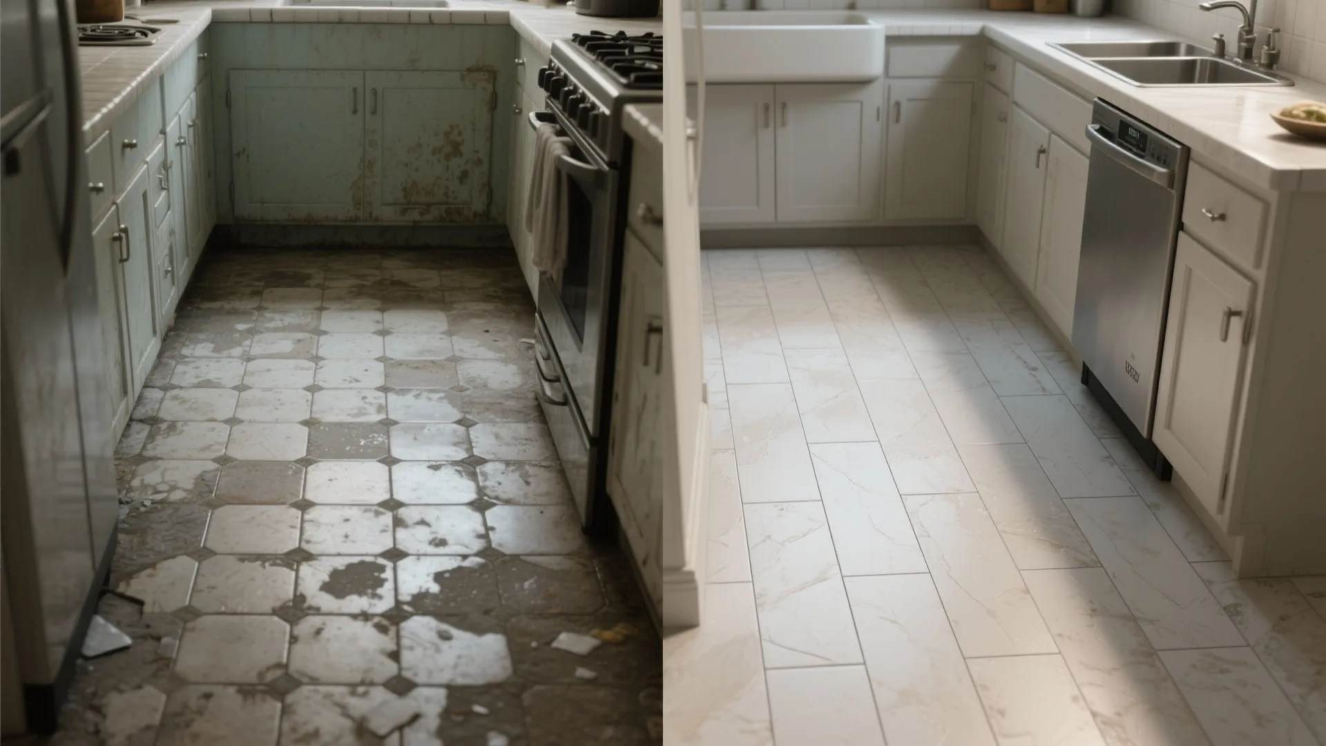 Before and after comparison of a dirty old kitchen floor versus a new clean white floor