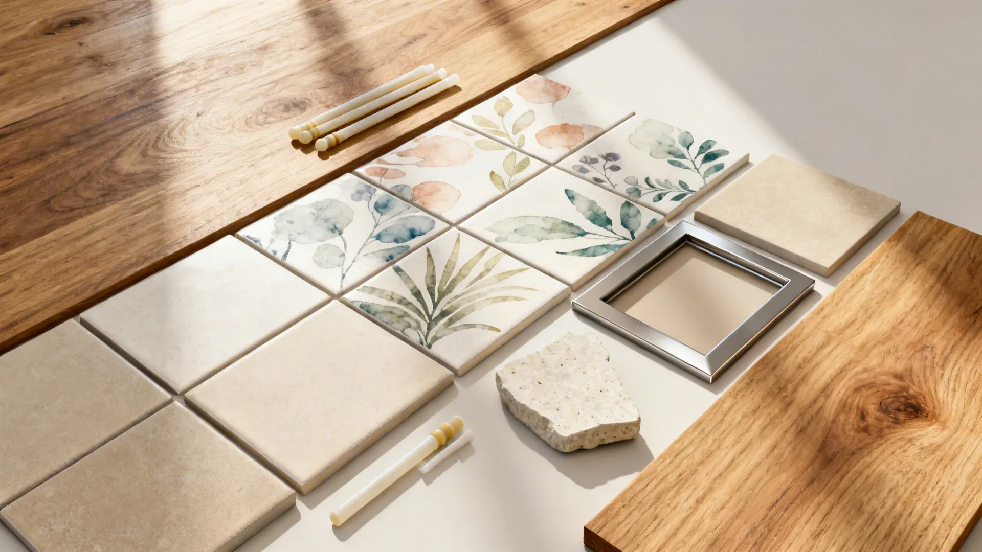 Flat lay of printed porcelain tile samples, grout, and neutral finishes for a kitchen mural.