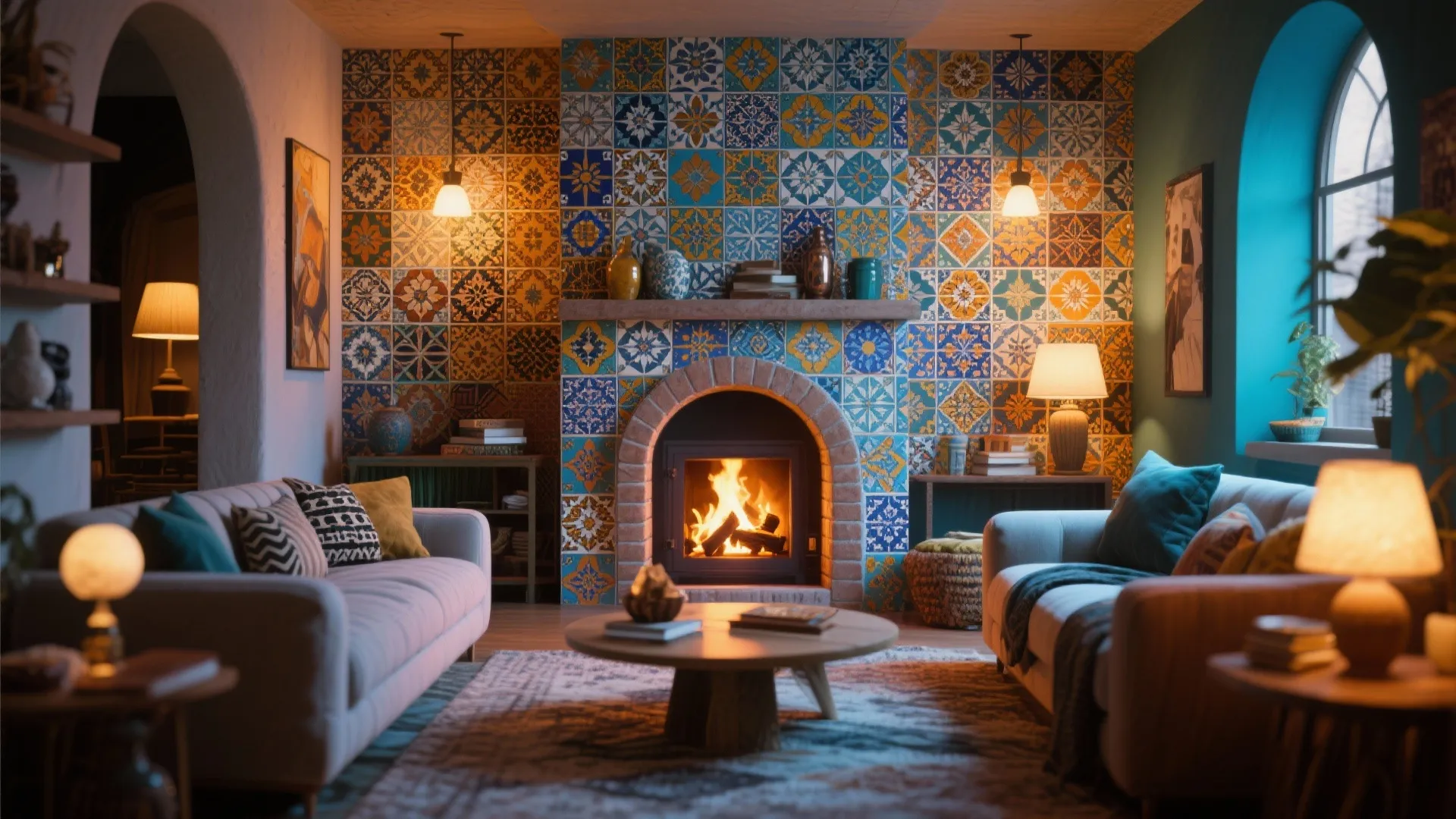 Bohemian living room with colorful pattern wall tiles brick fireplace two sofas and warm light fixtures