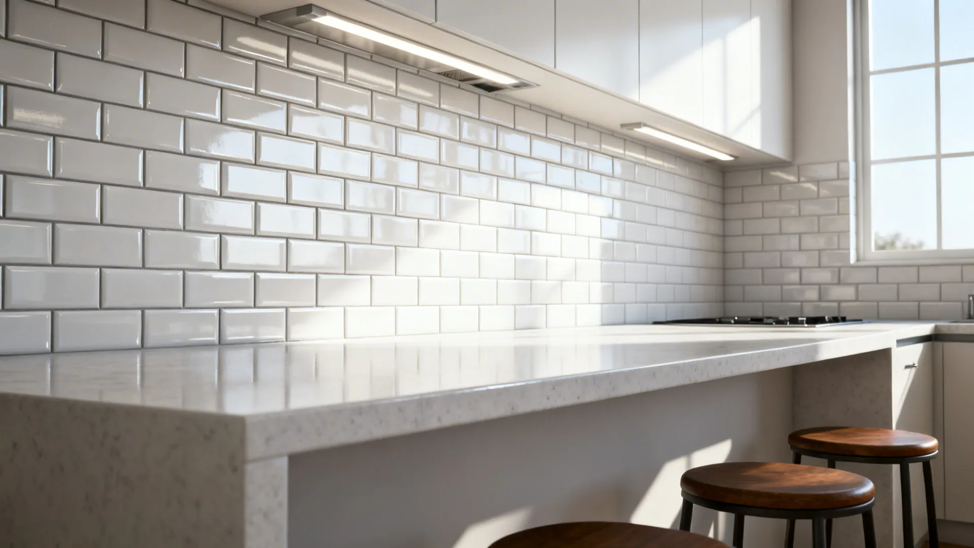 Kitchen island back with stacked subway tiles and clean grout lines near a breakfast bar