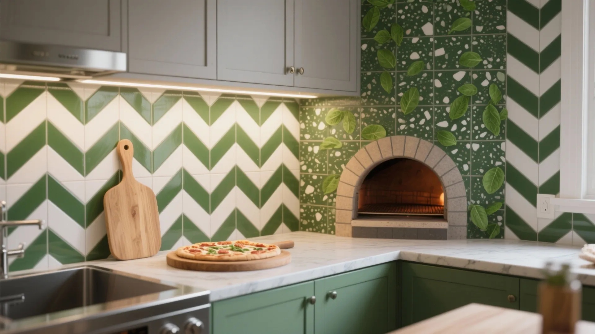 Graphic Tile Backsplash with Grease-Proof Grout