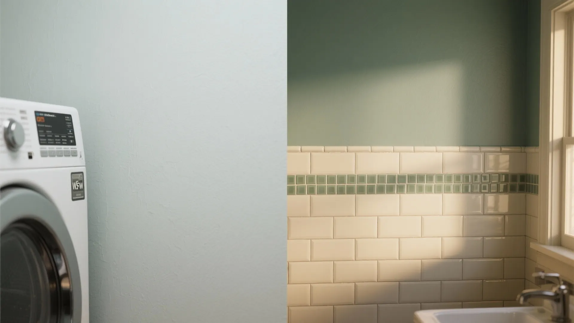 Laundry room wall showing white subway tiles with green border next to a white washing machine