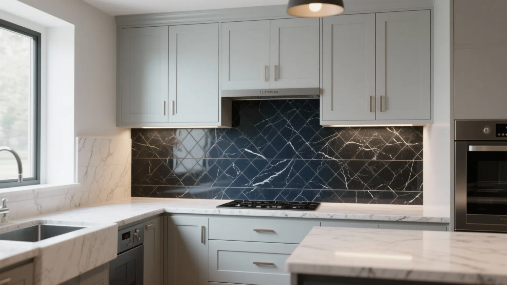 Modern grey kitchen with white stone counter and dark blue marble tile wall behind stove