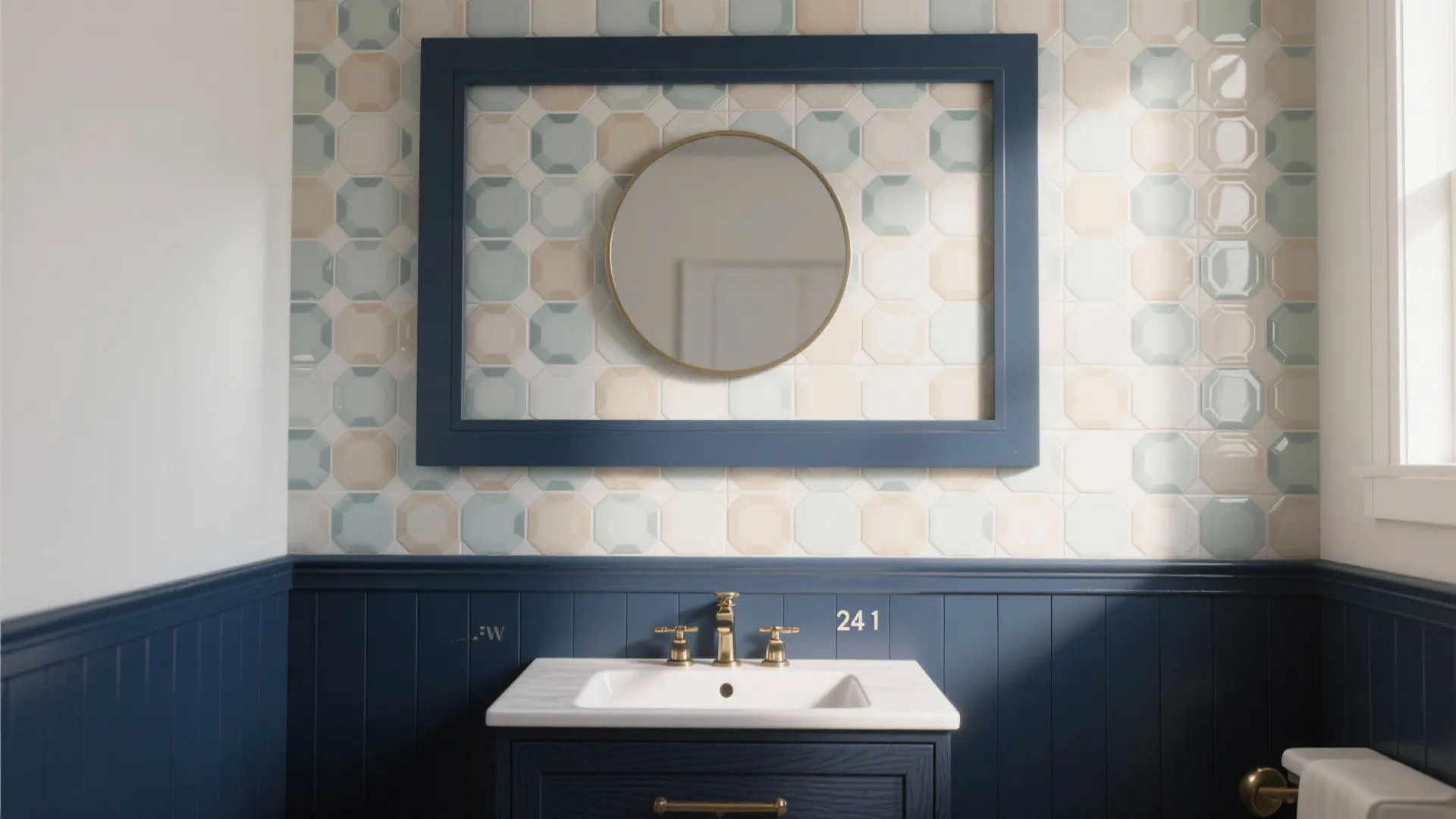5. Playful tile backsplash to frame the vanity