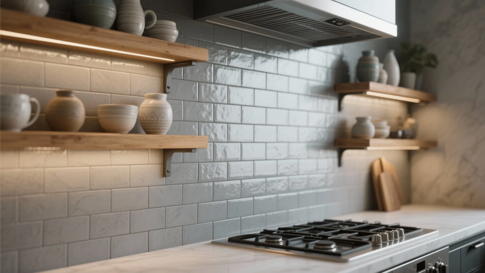 Kitchen with grey tile backsplash wooden floating shelves with light fixture and gas stove top