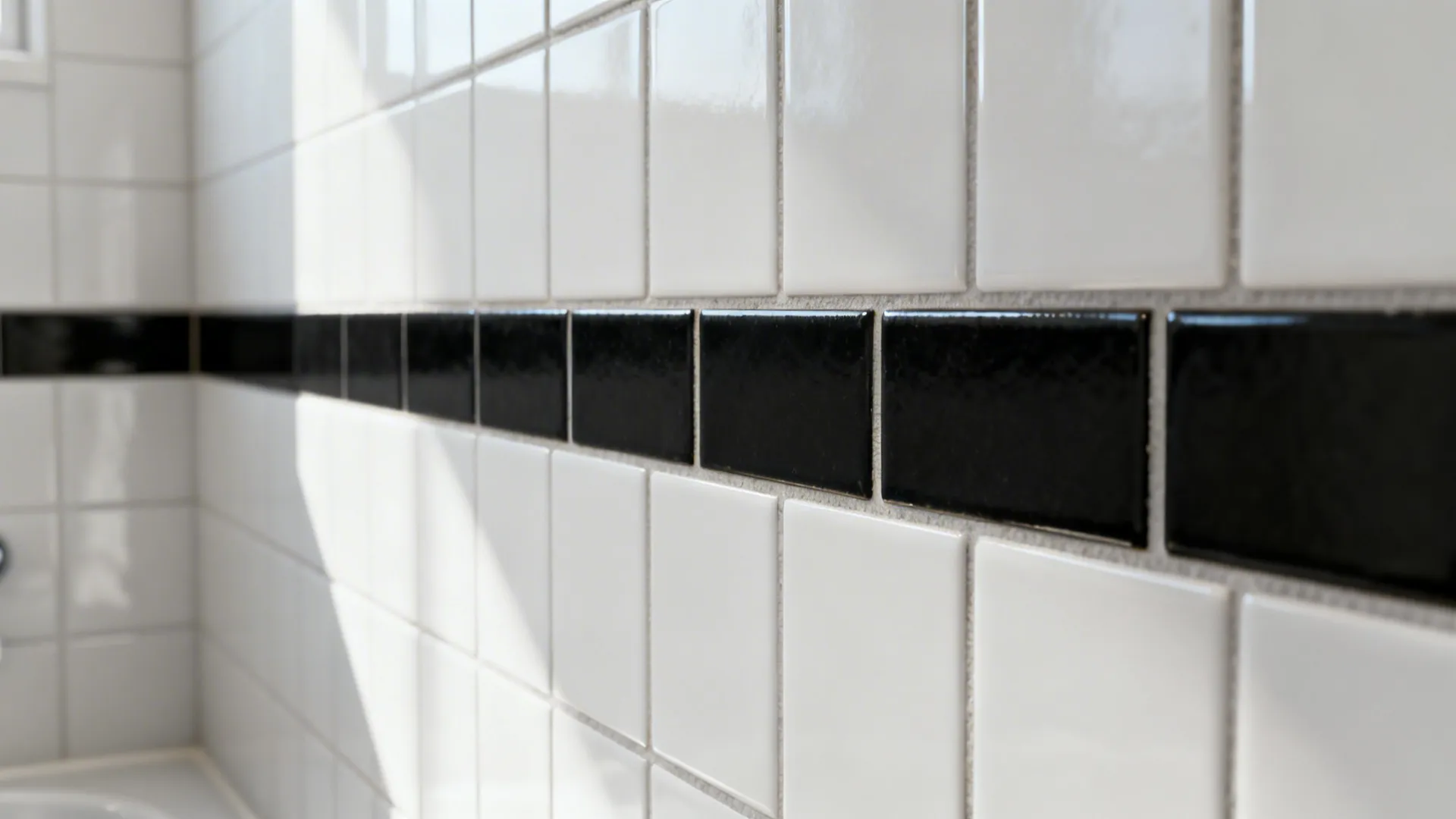Close-up of a thin black tile band against white tiles with darker grout to hide dirt.