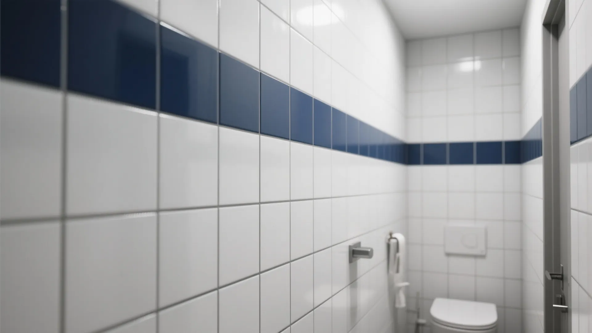 Modern white bathroom wall with a horizontal blue tile stripe and a simple white toilet