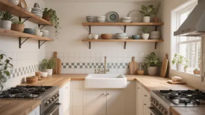 Cozy Farmhouse Kitchen with Open Shelving & Wood Countertops