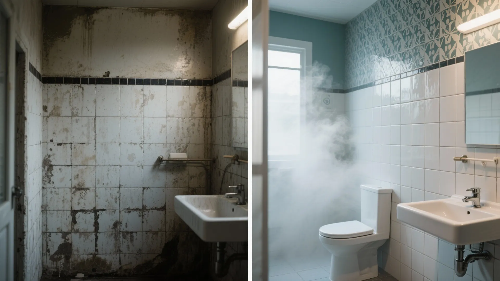 Before and after comparison of a tiled bathroom wall showing old grout and a refreshed look with tile decals and new grout.