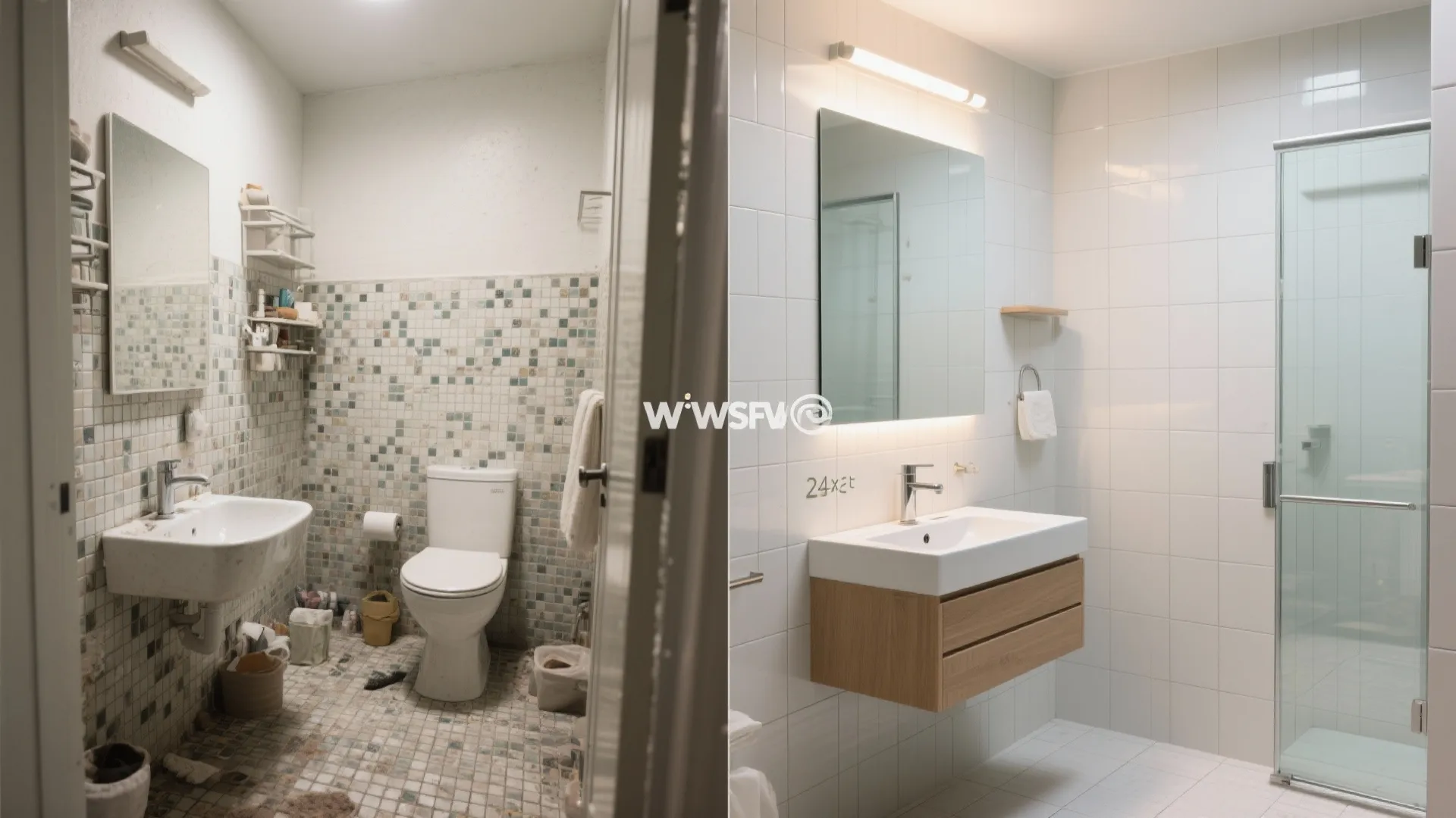Before and after bathroom renovation showing old mosaic tiles versus modern white tiles and cabinet