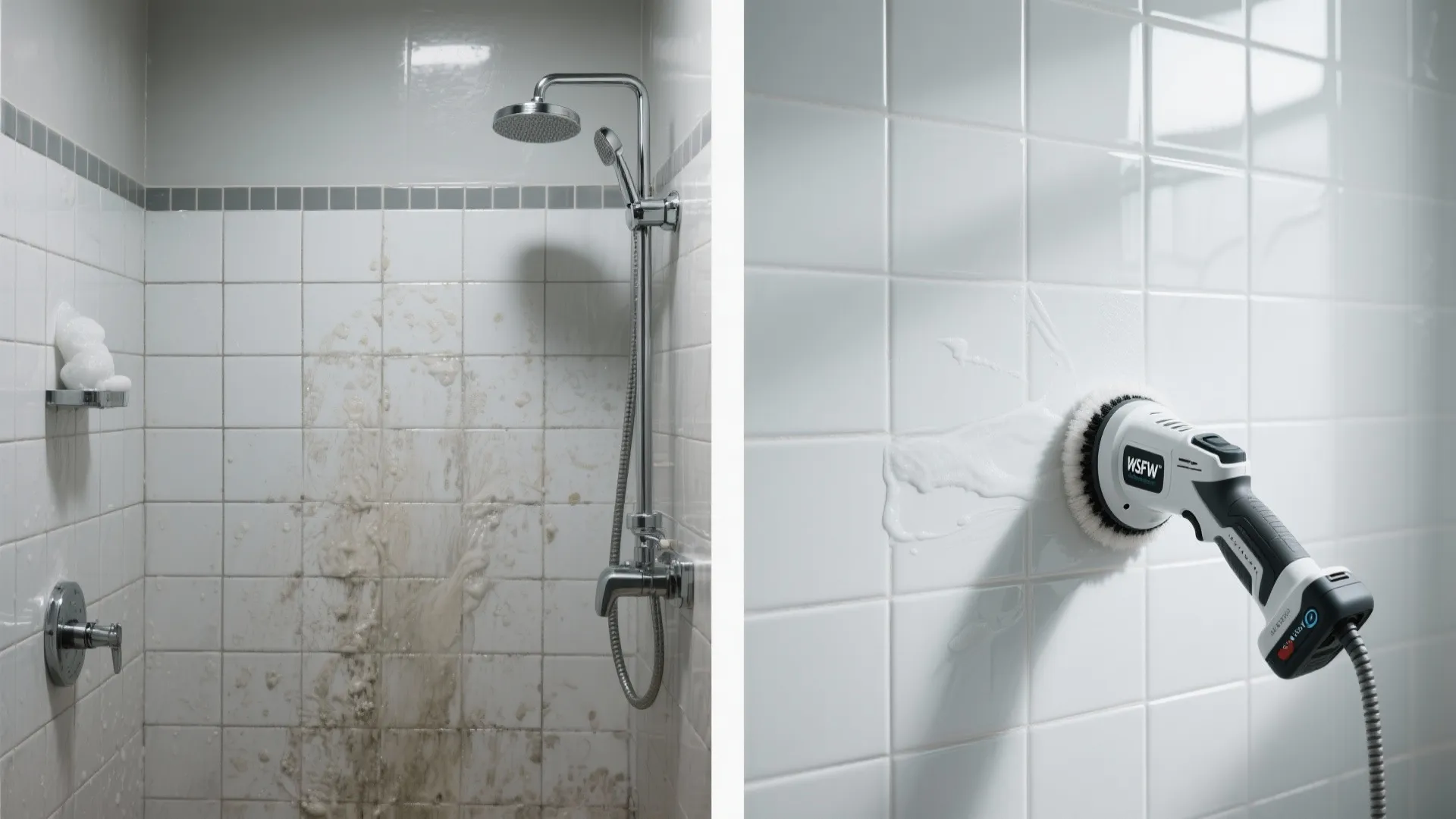 Before-and-after comparison of shower tiles and grout cleaned with a cordless scrubber.