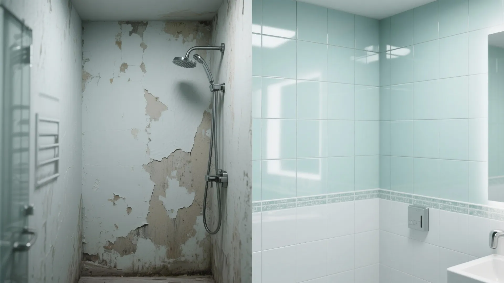 Before-and-after comparison showing peeling painted shower wall versus tiled waterproof shower wall.