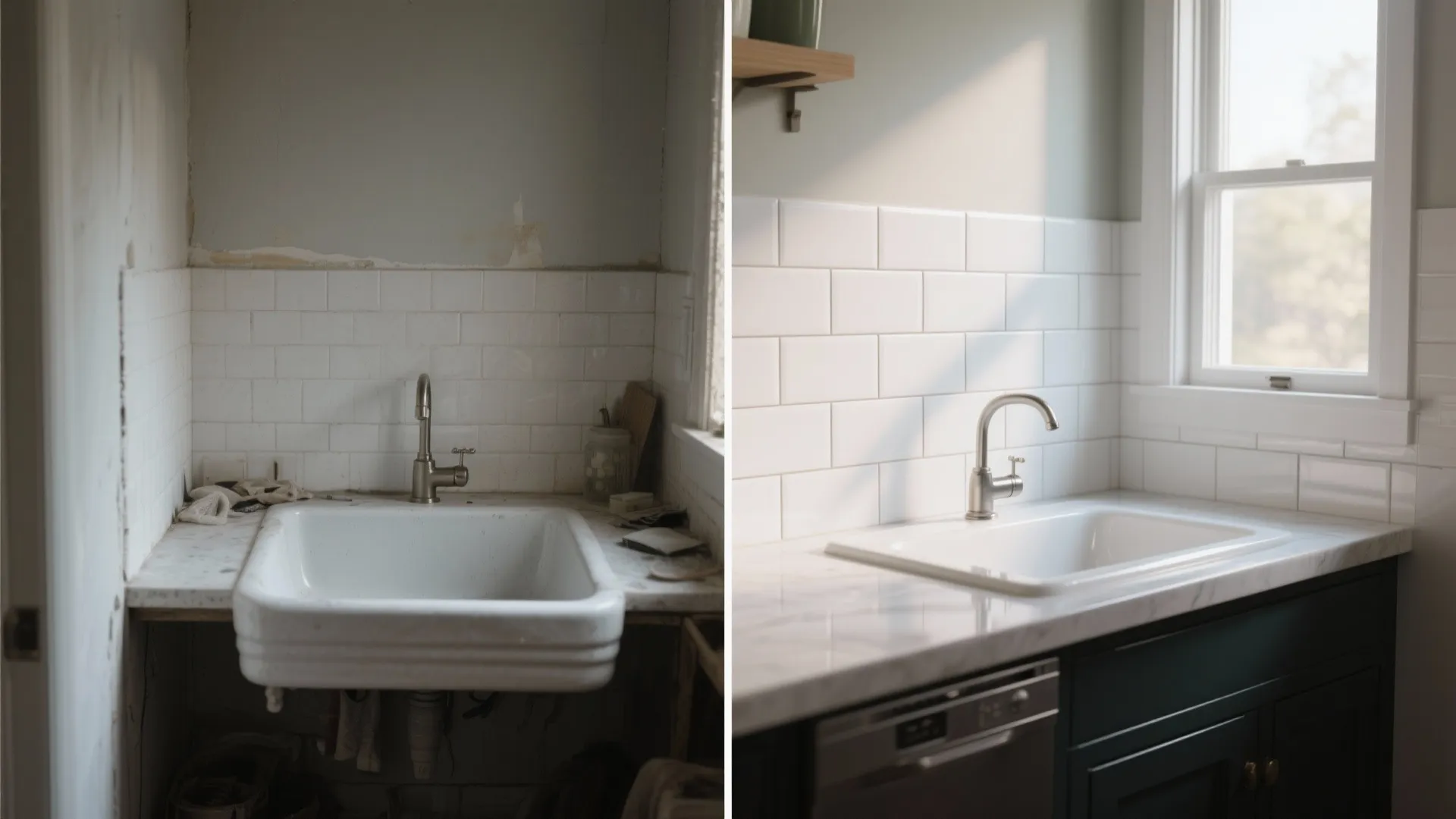 Before-and-after of a sink area transformed by a white tile accent backsplash.