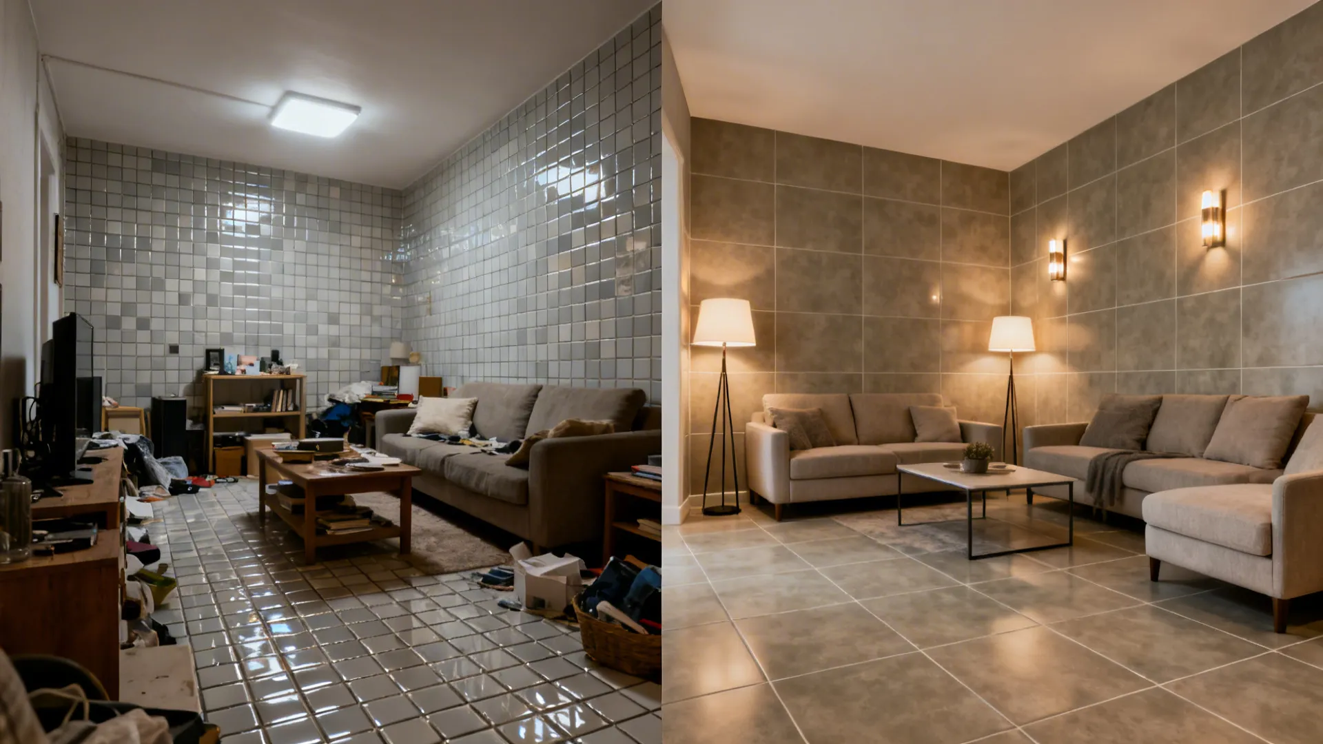 Before-and-after small living room showing transformation with large-format warm-neutral tiles.