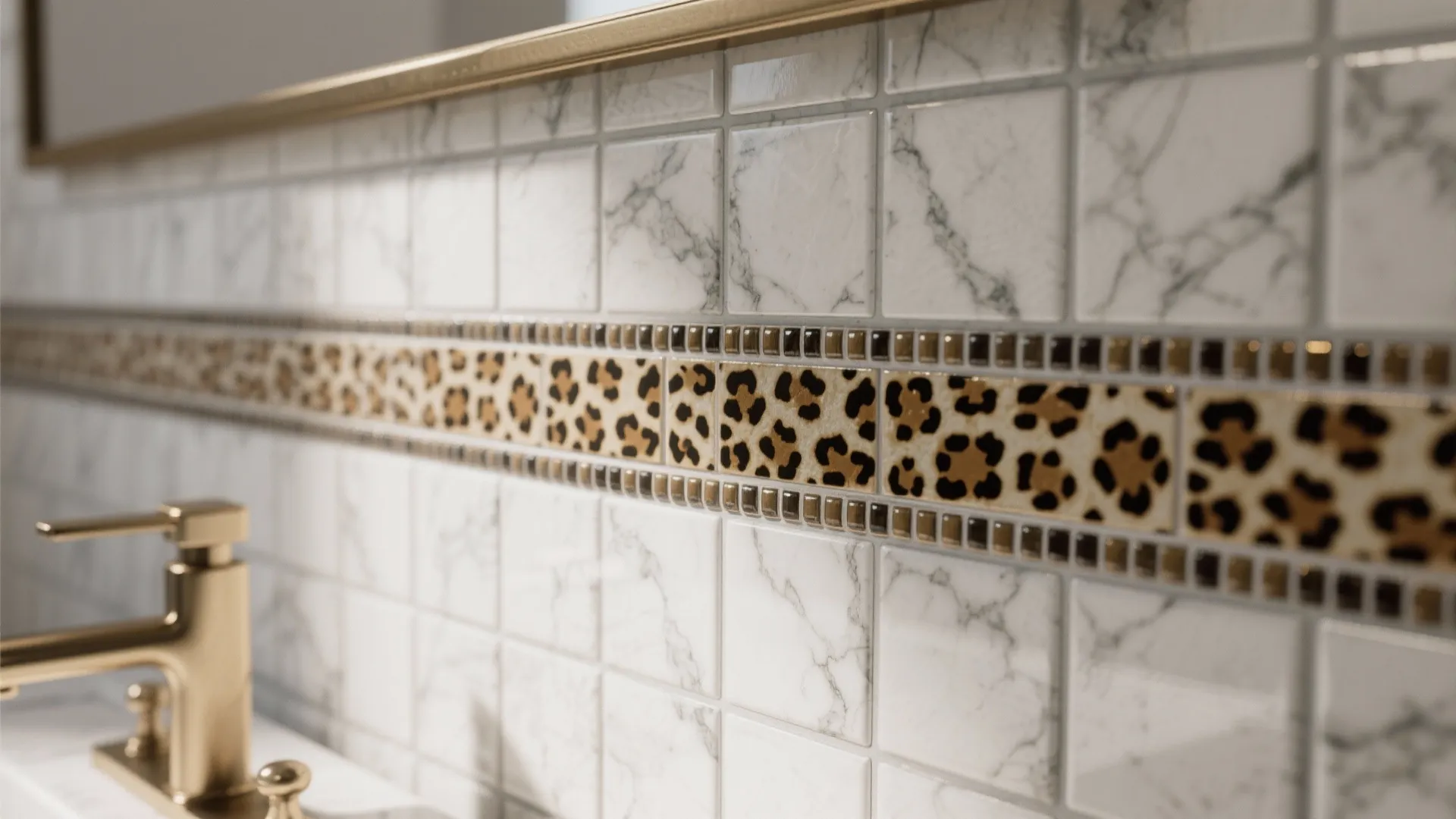 Close up of marble bathroom wall tiles with a decorative leopard print border and gold faucet
