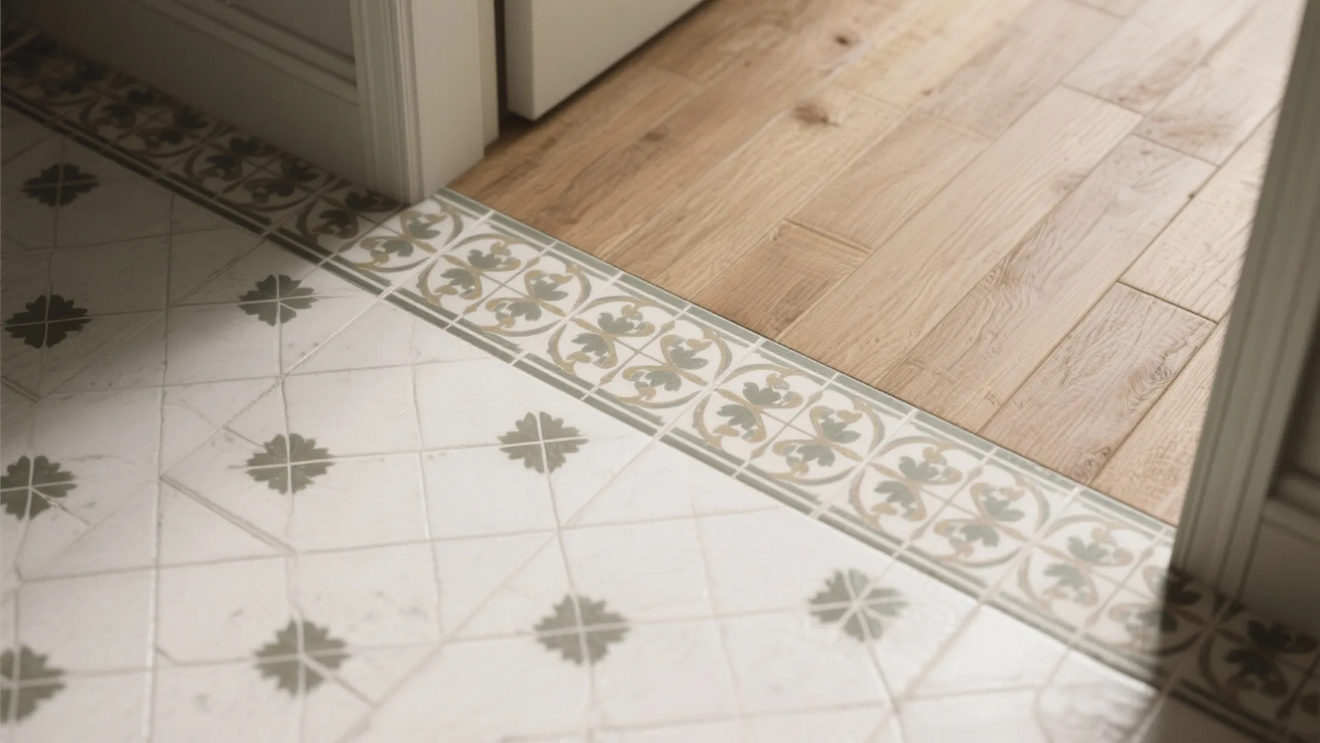 Patterned floor tile border meeting light wood planks in a bright and clean room doorway area