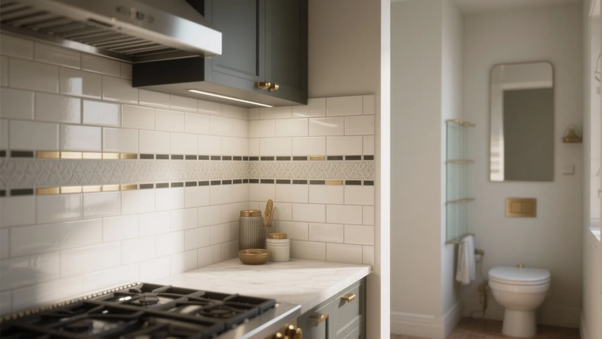 Kitchen counter with white subway tiles and decorative border leading to a small bathroom view