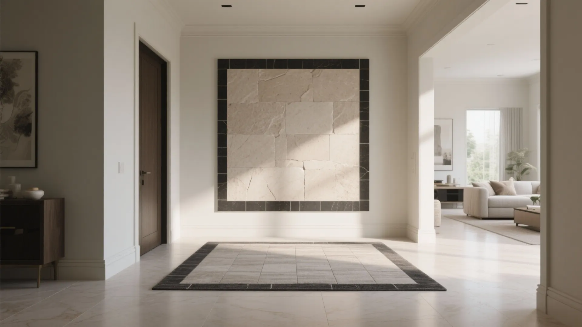 Modern hallway with beige wall art and a matching rug design looking into a living room