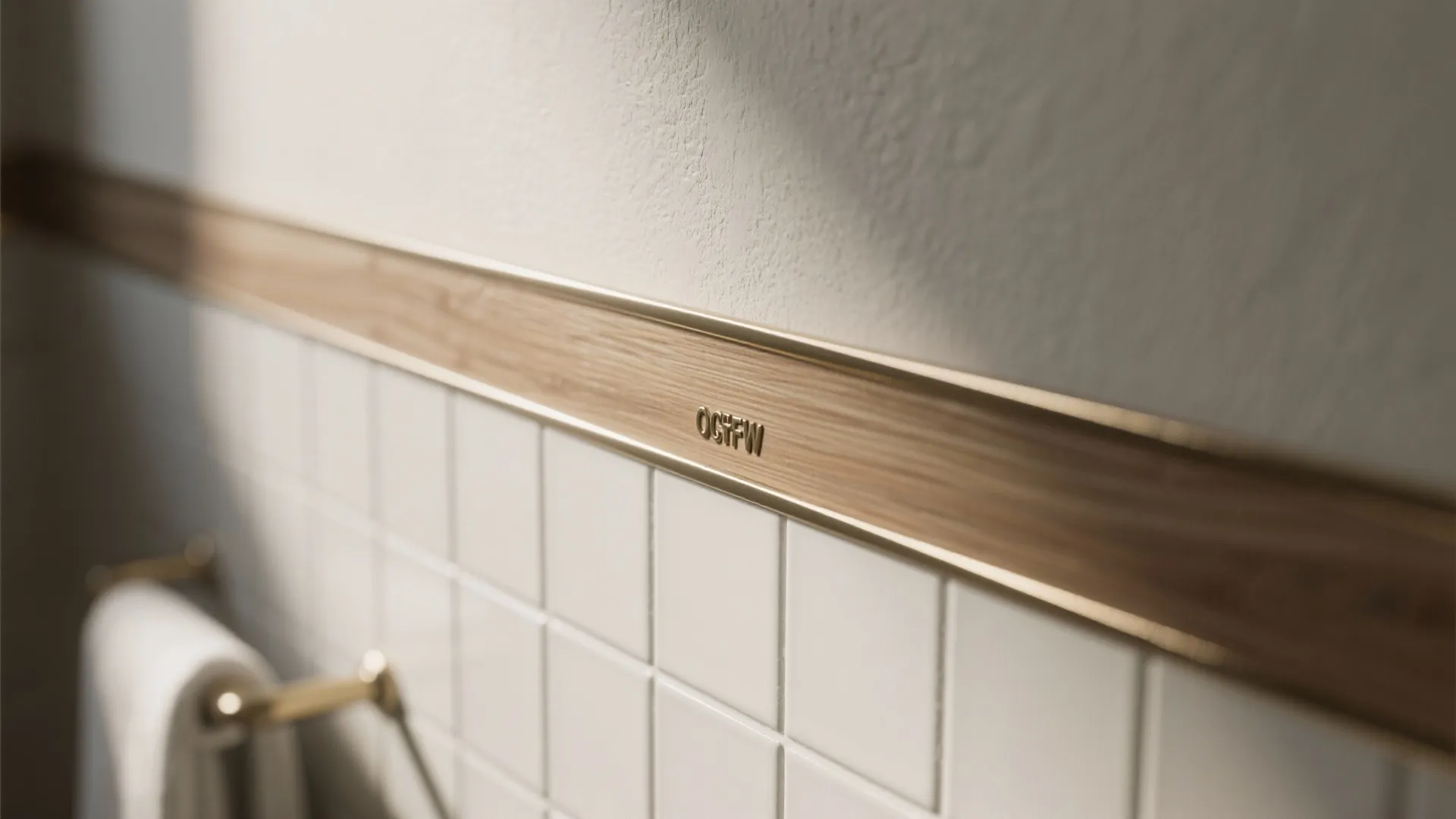 Close up of wood and gold decorative wall panel trim between white tiles and wall