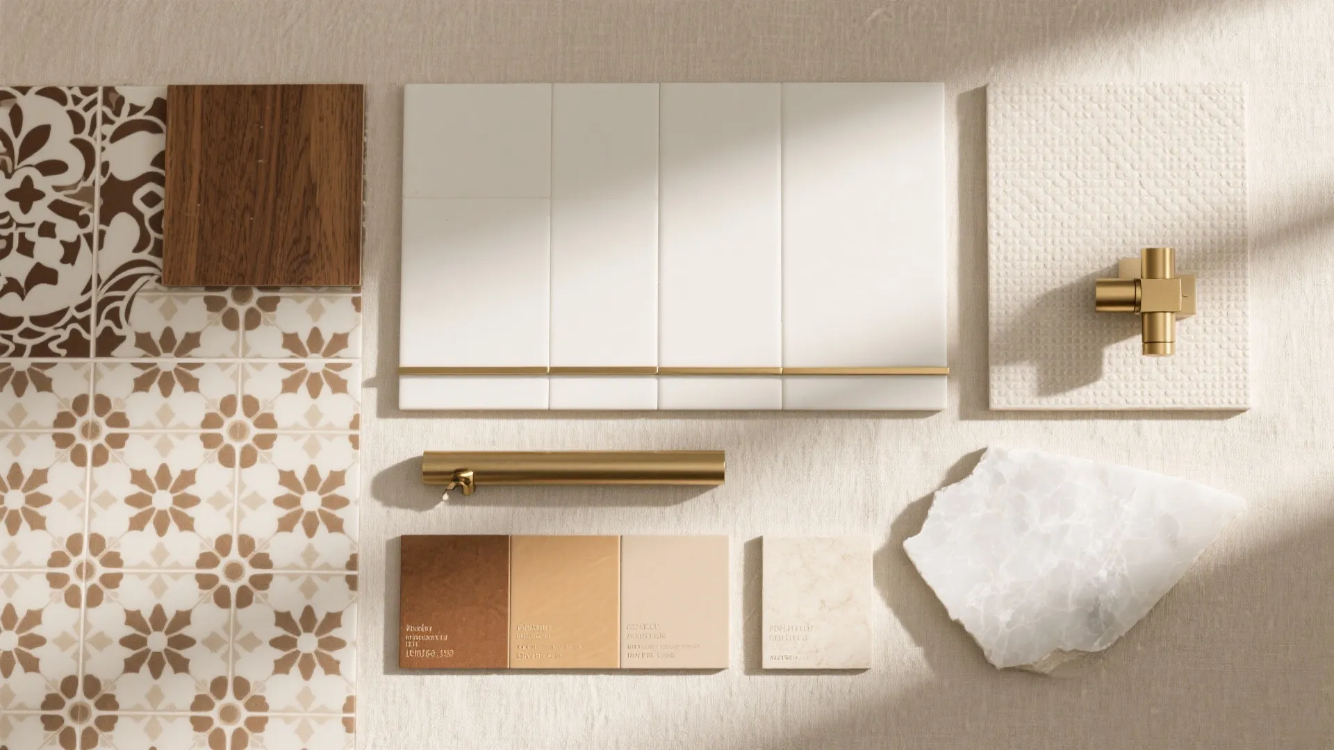 Interior design mood board with white wall tiles brass hardware wood samples and stone pieces layout