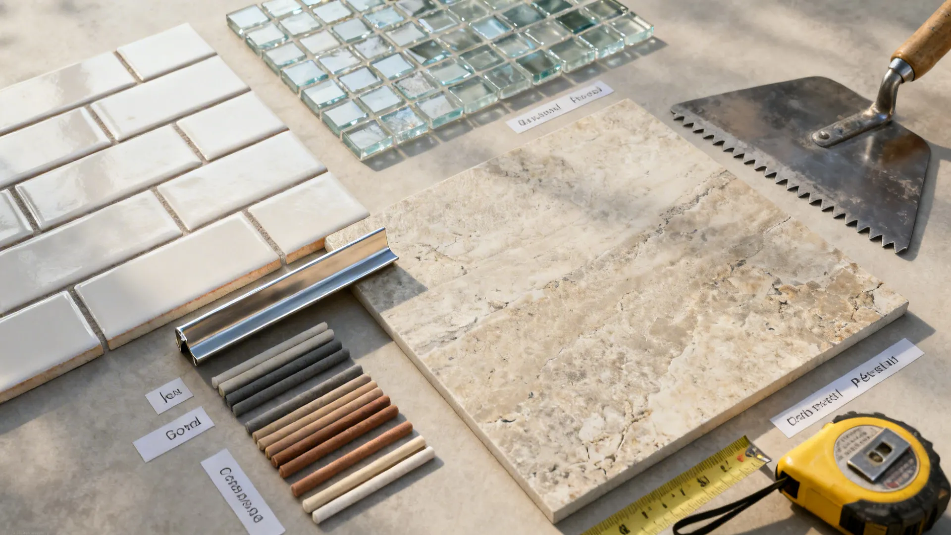 Top-down flat lay of tile samples, grout sticks, metal trim, and tools for kitchen budgeting.