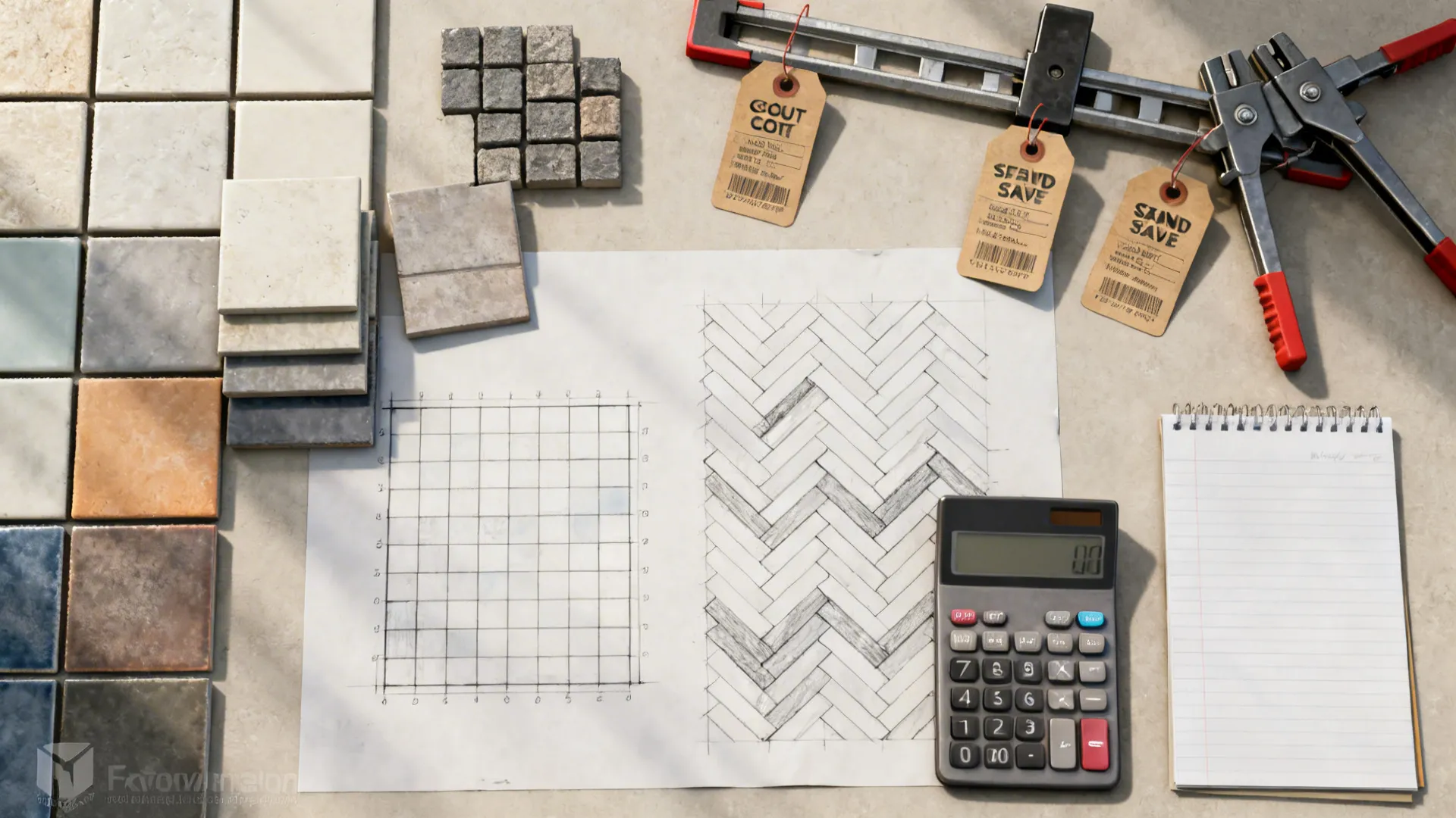 Tile samples next to a hand drawn pattern sketch with a calculator and note book
