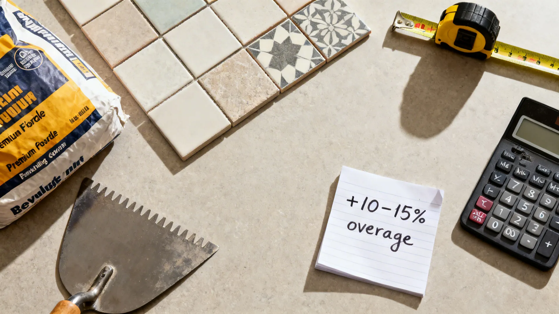 Budget planning flat lay with tile samples, tools, and notes on overage and prep.