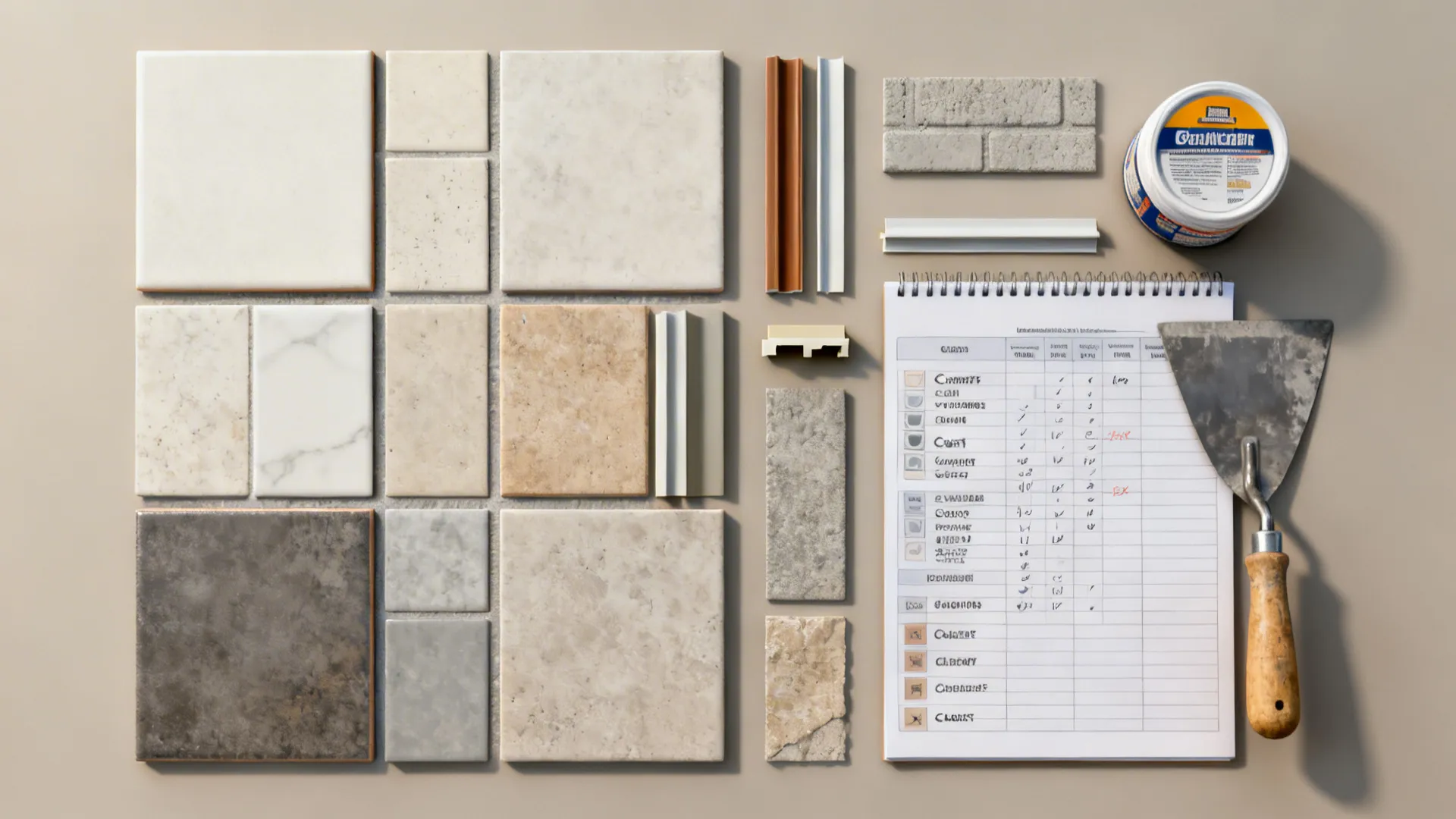 Top-down planner with tiles, trims, grout, and tools organized for budgeting.