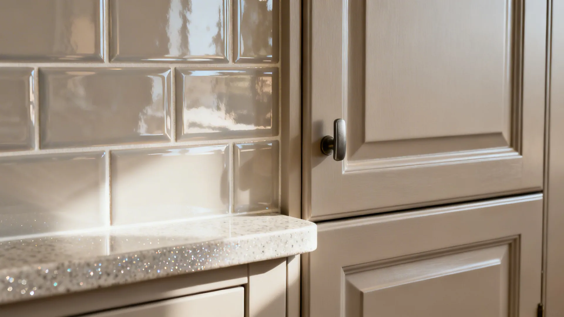 Macro view of glossy backsplash, satin cabinet, and quartz edge in a narrow kitchen.