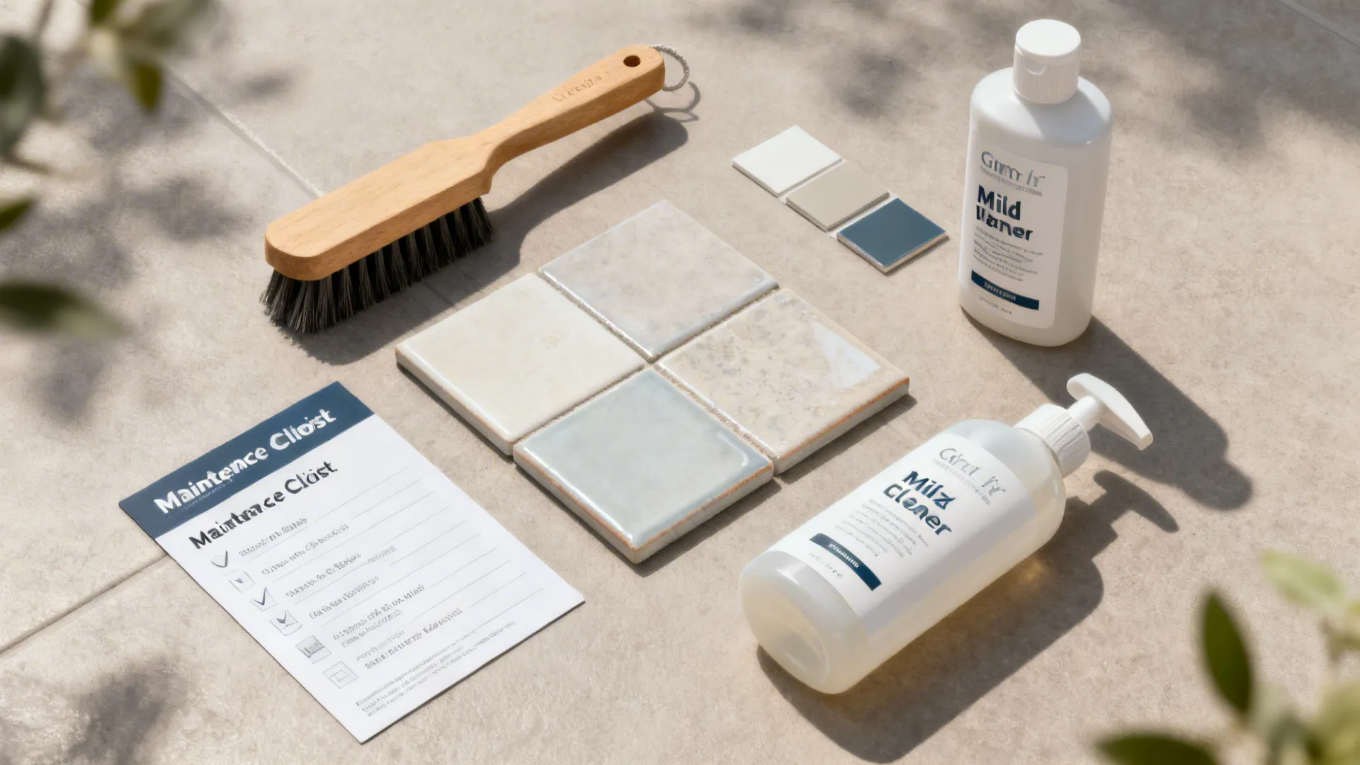 Tile maintenance items including grout brush and cleaner next to a semi-gloss tile sample.