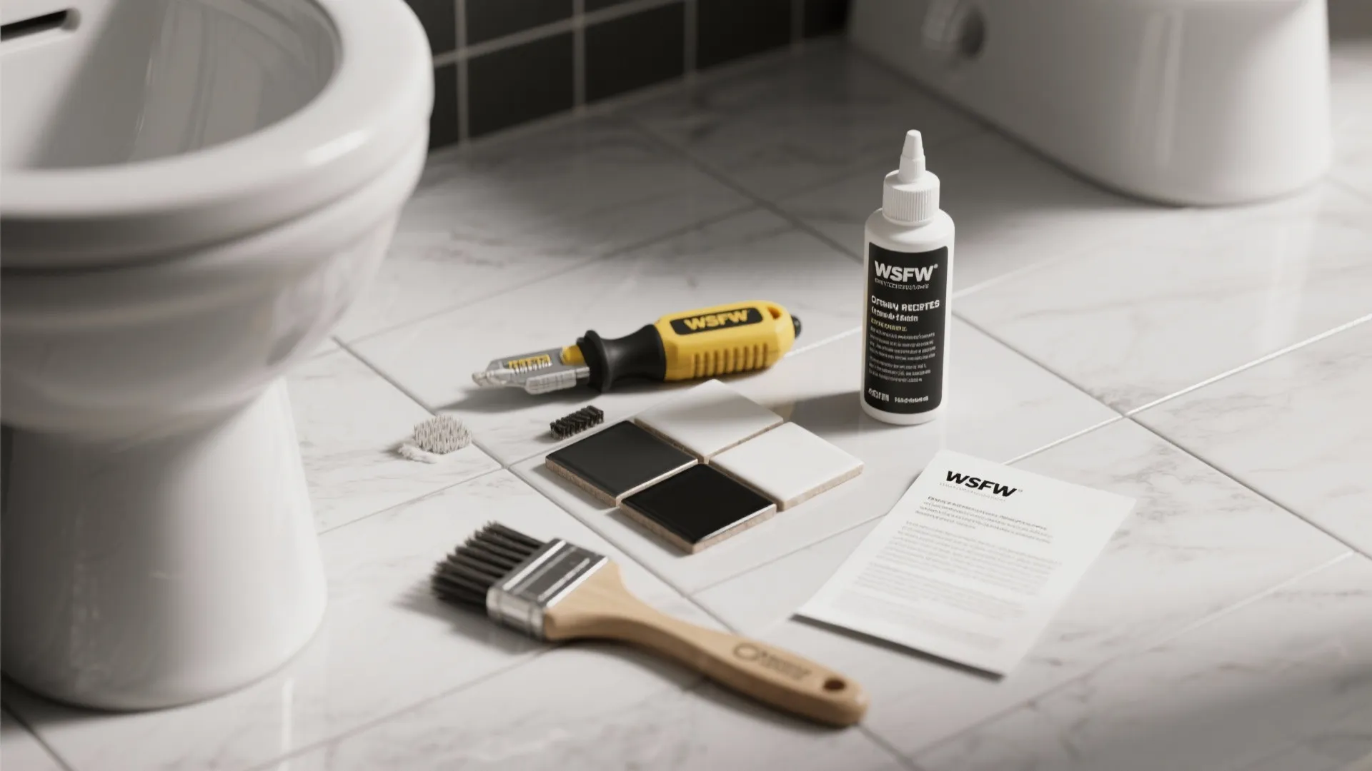 Tools for fixing bathroom floor tiles including a brush glue samples and a small screwdriver