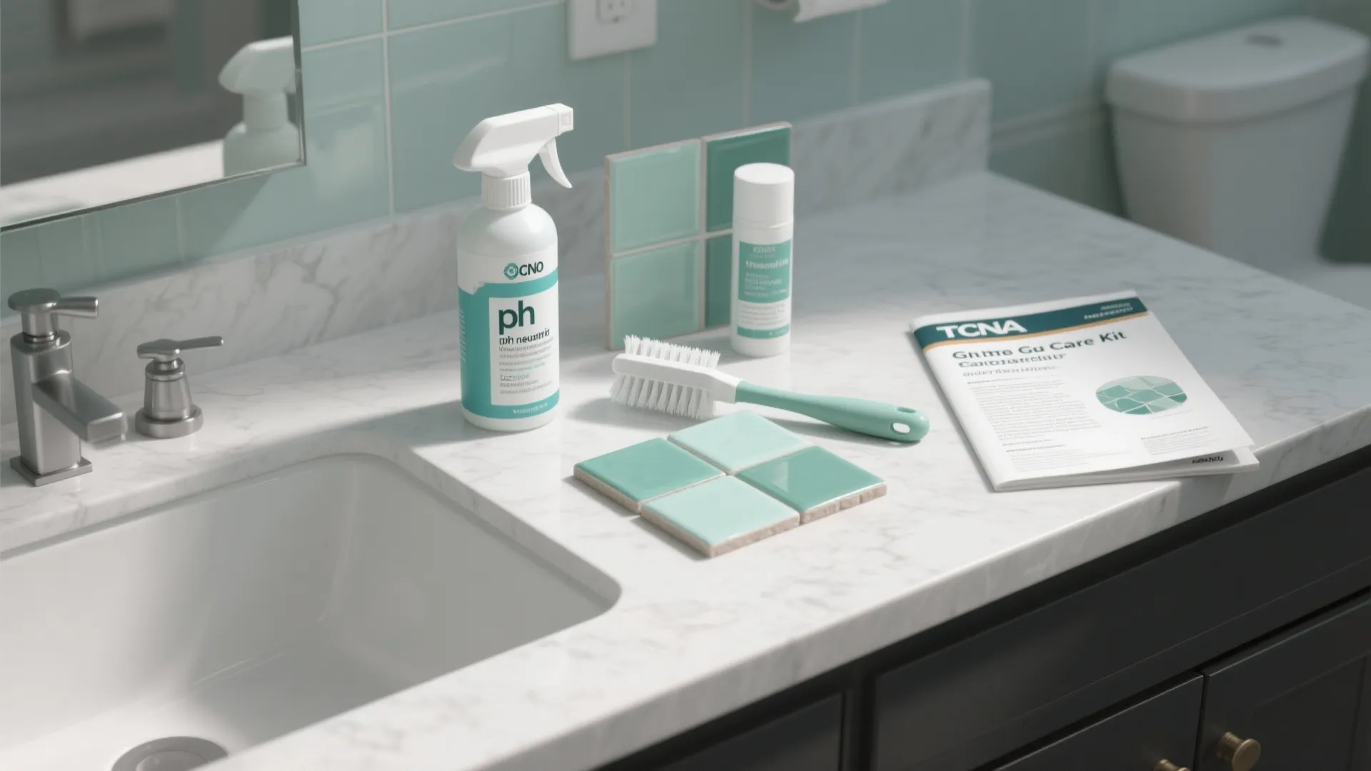 Tile care kit with pH-neutral cleaner, grout brush, sealer and tile samples on a countertop