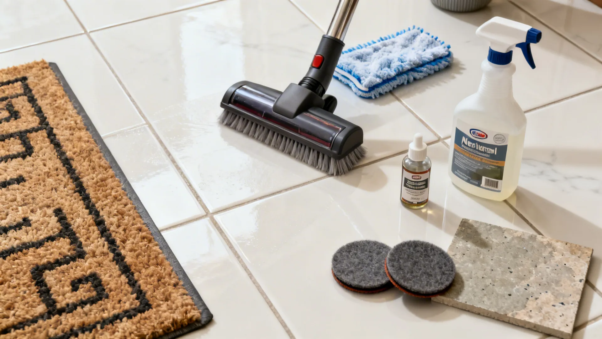Top-down set of maintenance tools on porcelain tiles: vacuum head, mop, cleaner, felt pads, mat.