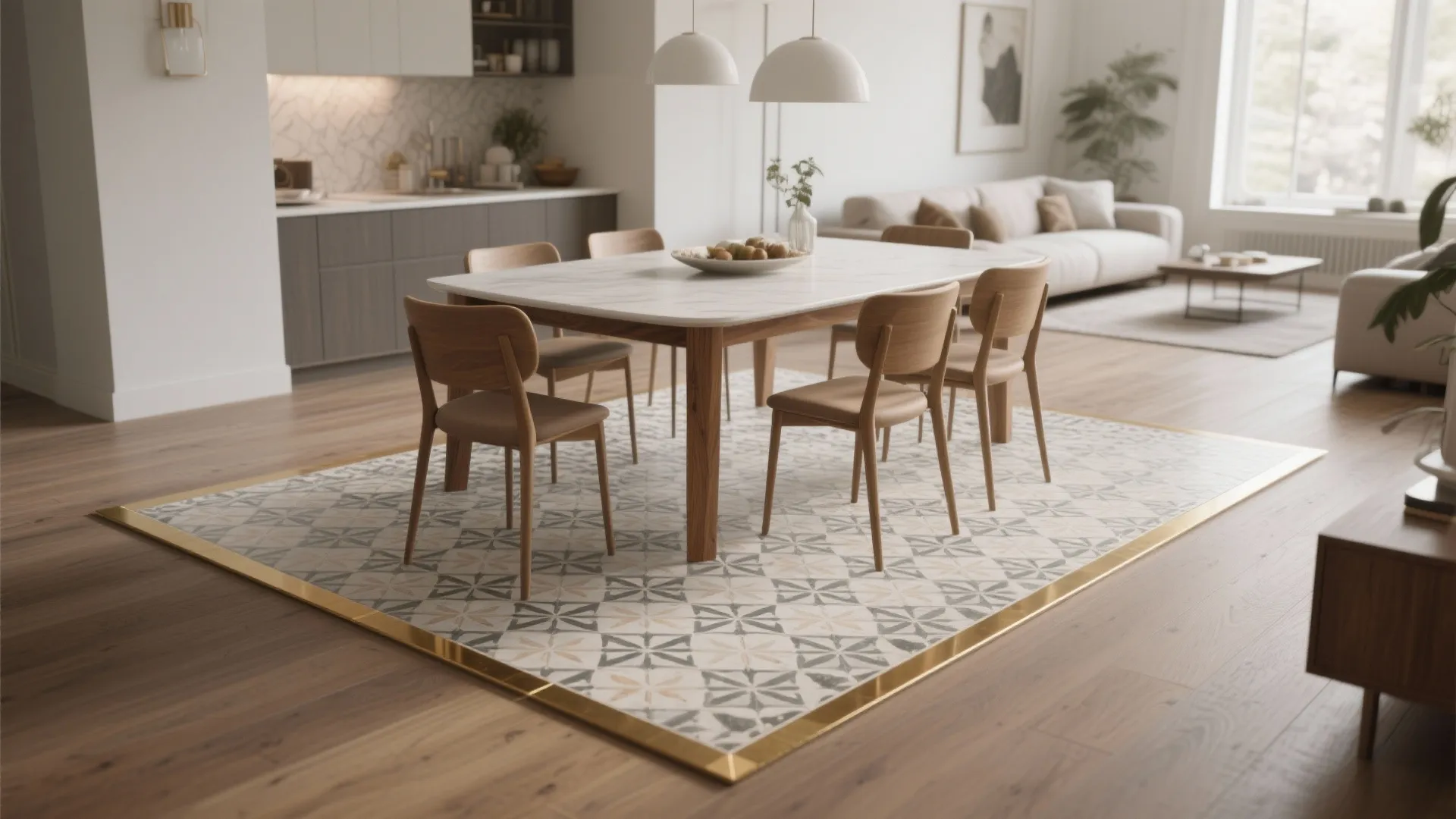 2. A patterned tile “carpet” beneath the table